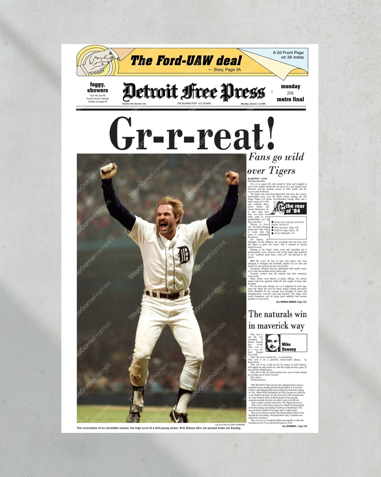 1984 Detroit Tigers World Series Framed Newspaper Front Page Print Kirk Gibson - Title Game Frames