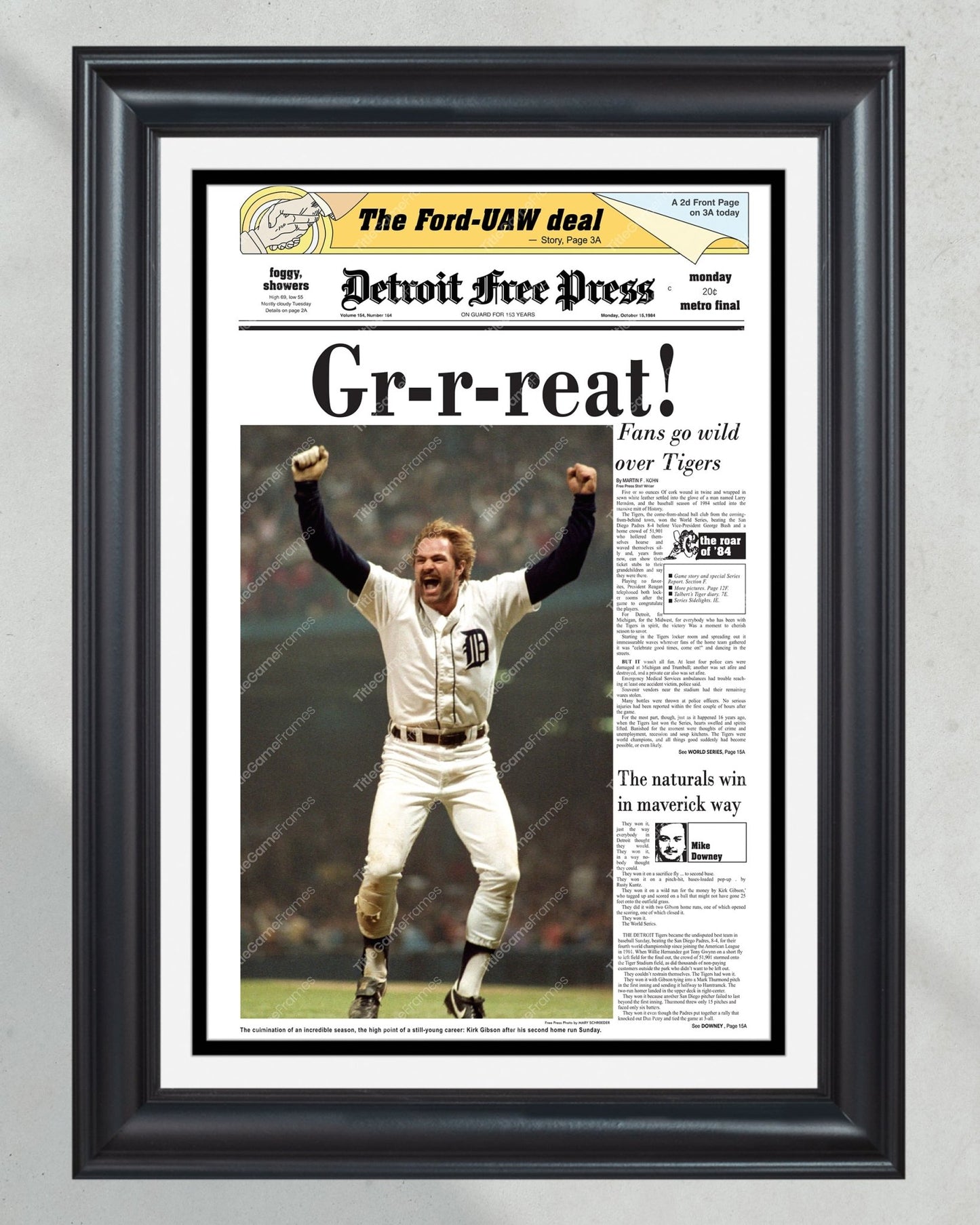 1984 Detroit Tigers World Series Framed Newspaper Front Page Print Kirk Gibson - Title Game Frames