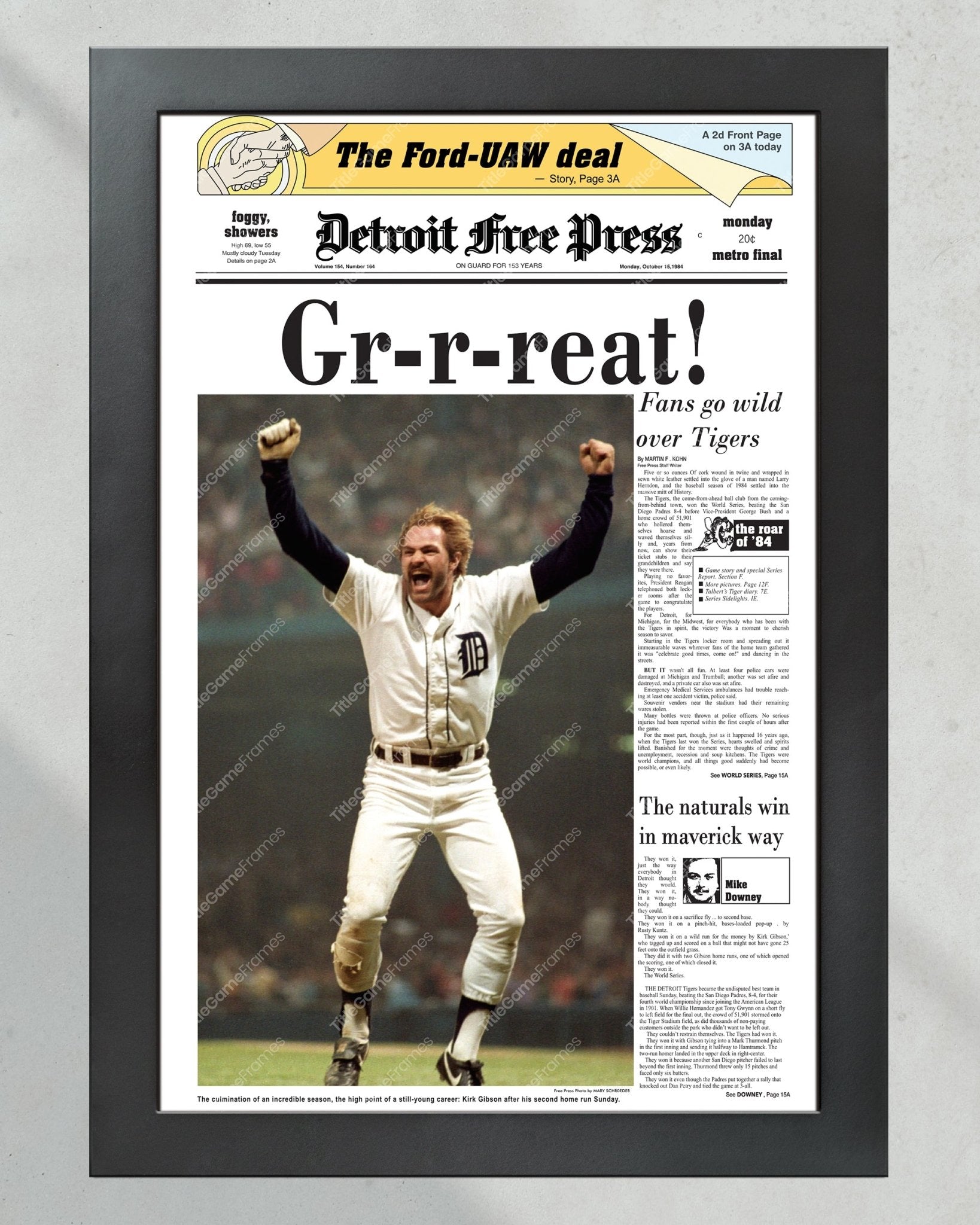 1984 Detroit Tigers World Series Framed Newspaper Front Page Print Kirk Gibson - Title Game Frames