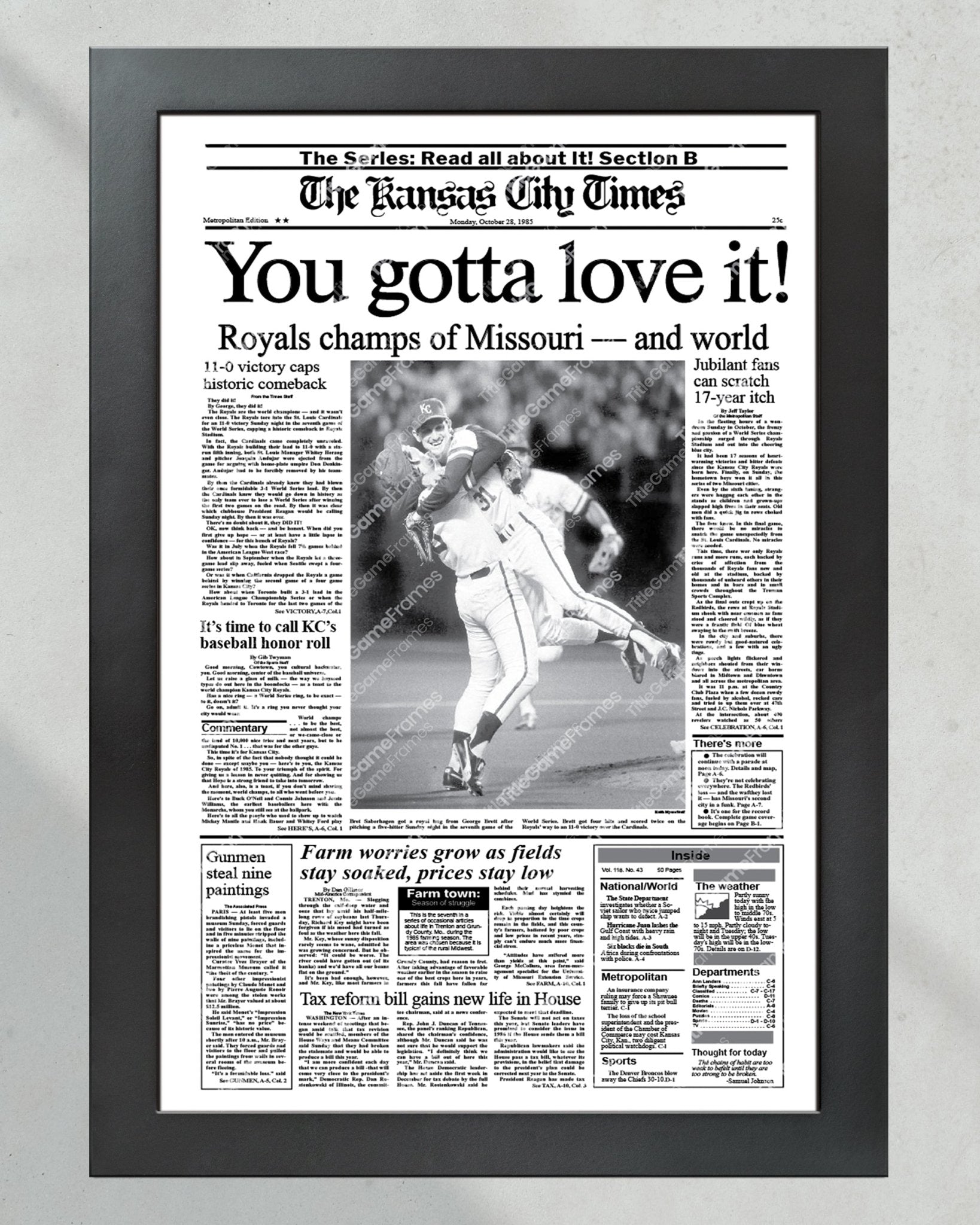 1985 Kansas City Royals World Series Champions Framed Front Page Newspaper Print - Title Game Frames