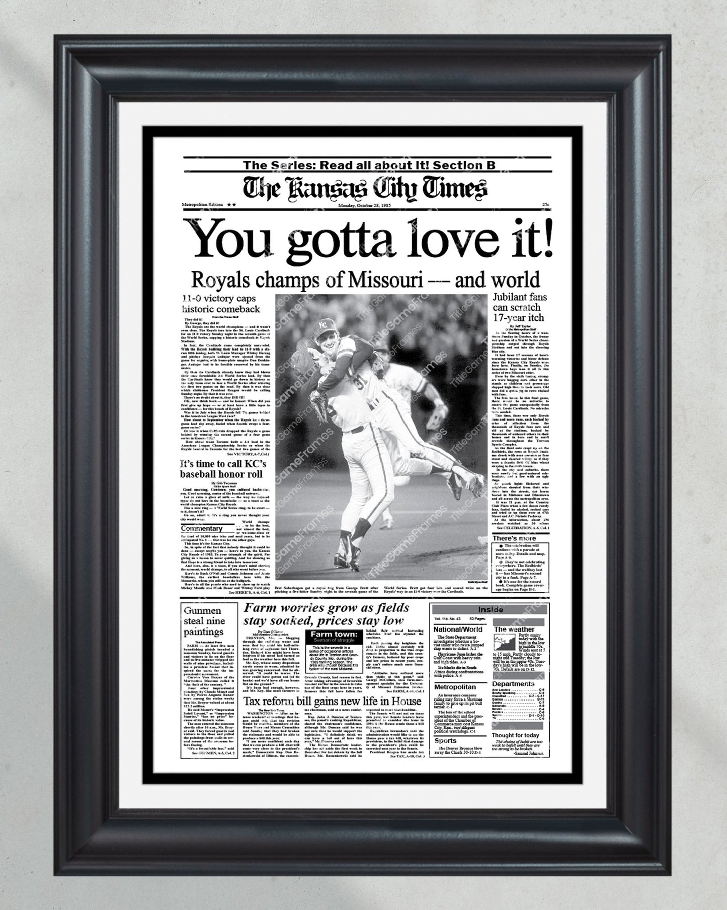 1985 Kansas City Royals World Series Champions Framed Front Page Newspaper Print - Title Game Frames