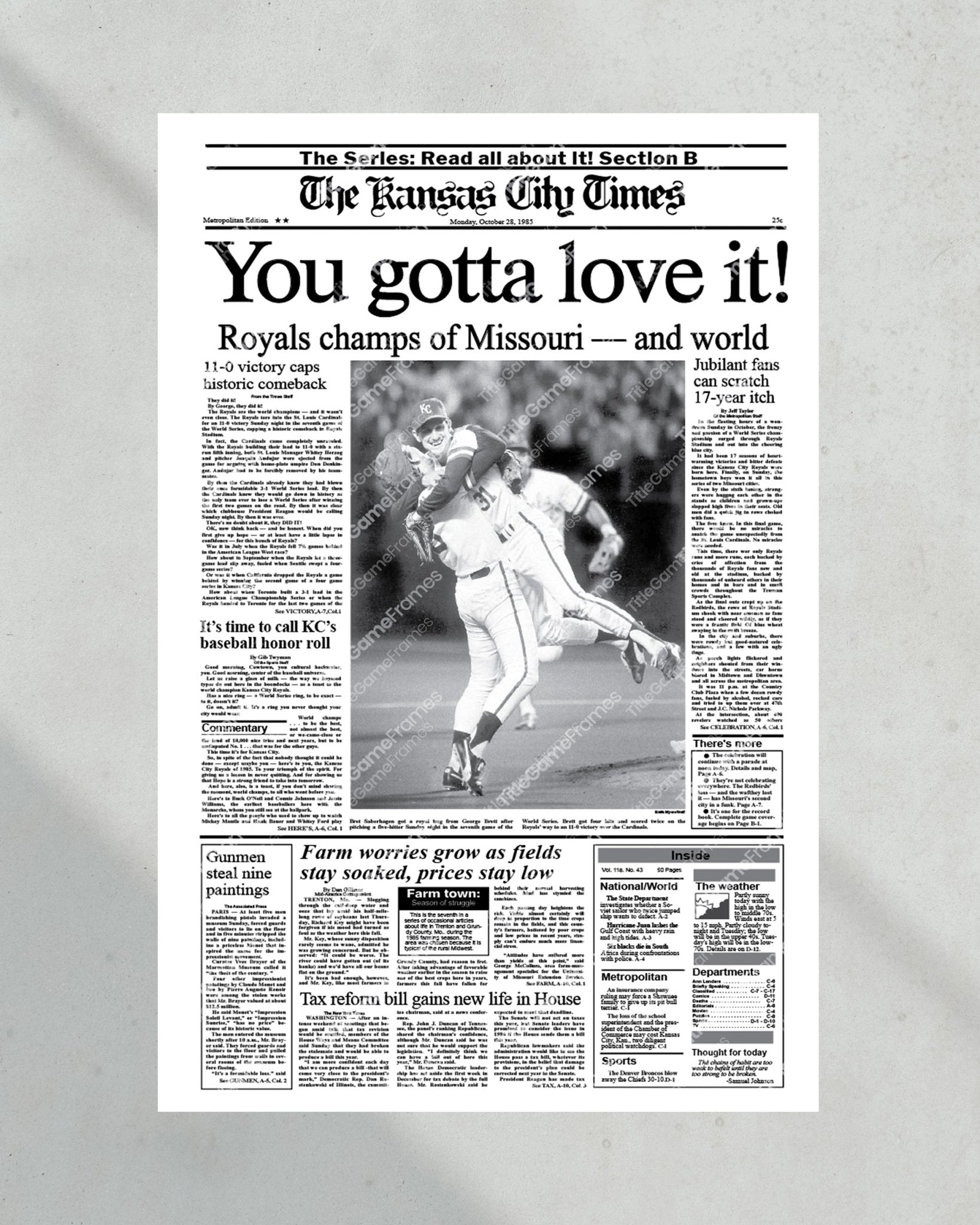 1985 Kansas City Royals World Series Champions Framed Front Page Newspaper Print - Title Game Frames