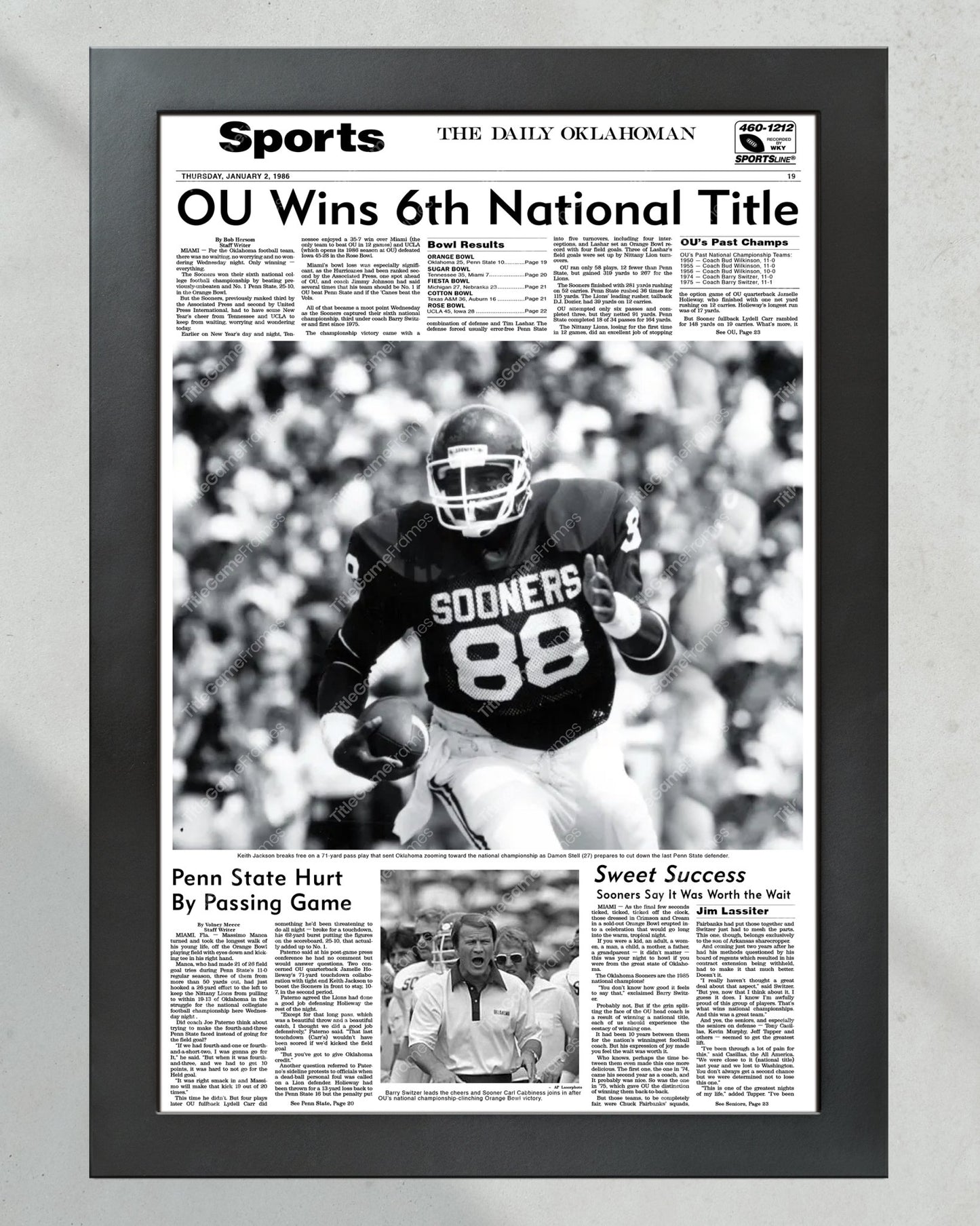 1985 Oklahoma Sooners National Champions Framed Newspaper Print - Title Game Frames