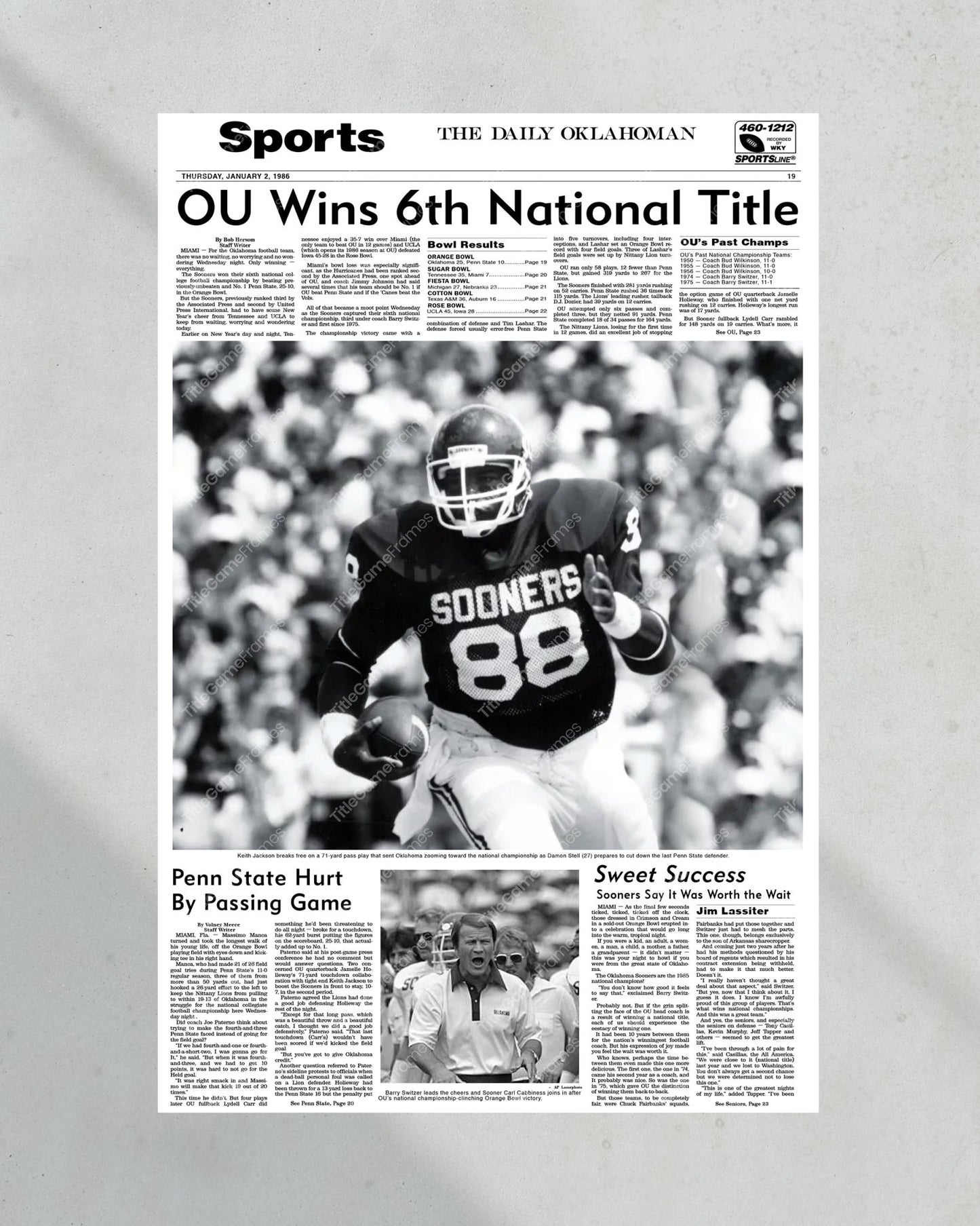 1985 Oklahoma Sooners National Champions Framed Newspaper Print - Title Game Frames