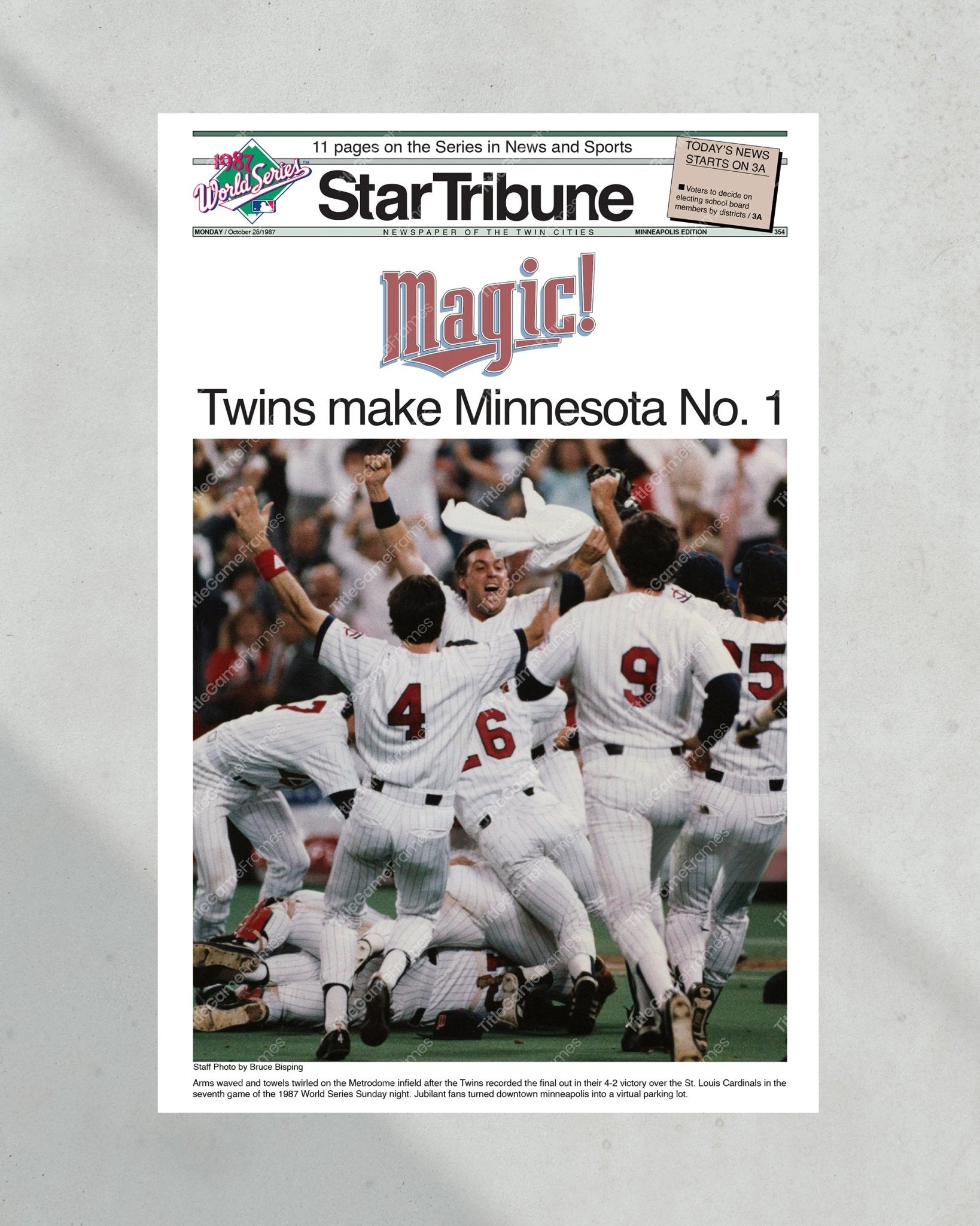 1987 Minnesota Twins World Series Champions Framed Front Page Newspaper Print - Title Game Frames