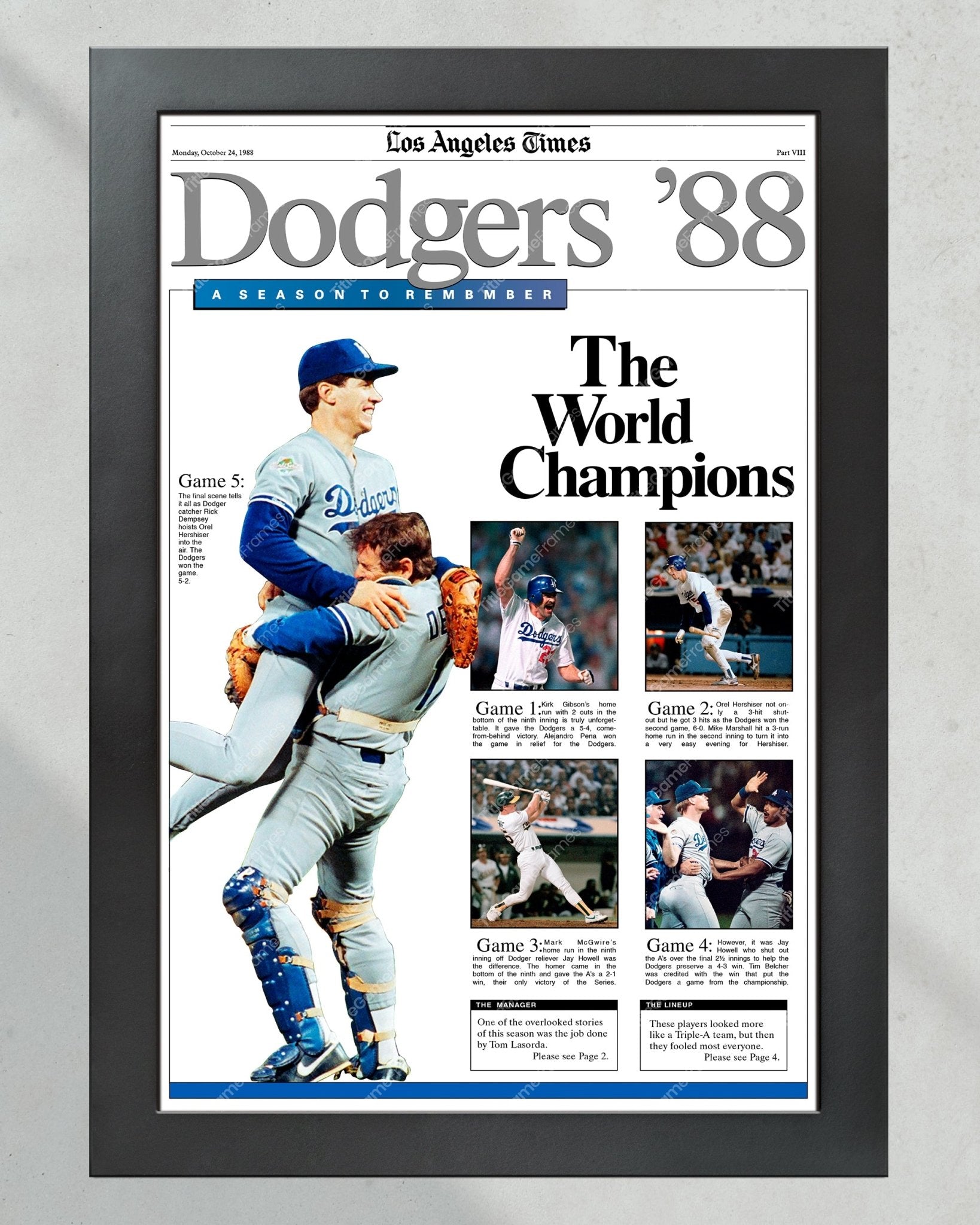 1988 Los Angeles Dodgers "The World Series Champions" Commemorative Framed Newspaper - Title Game Frames