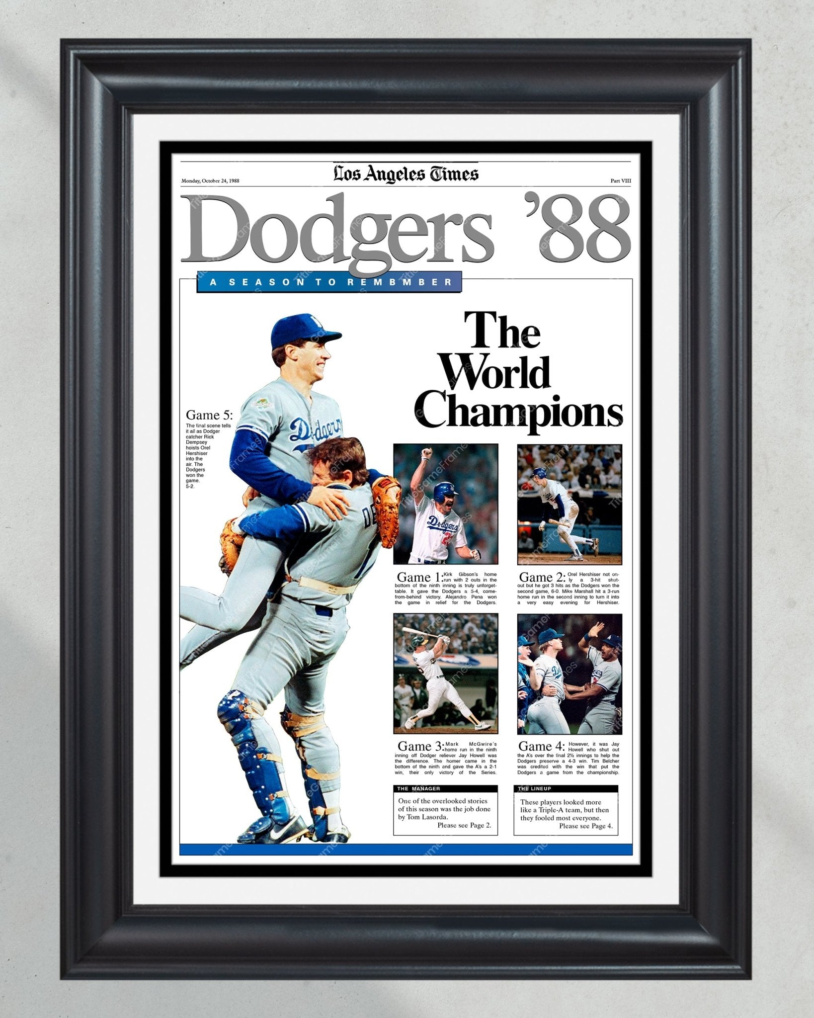 1988 Los Angeles Dodgers "The World Series Champions" Commemorative Framed Newspaper - Title Game Frames