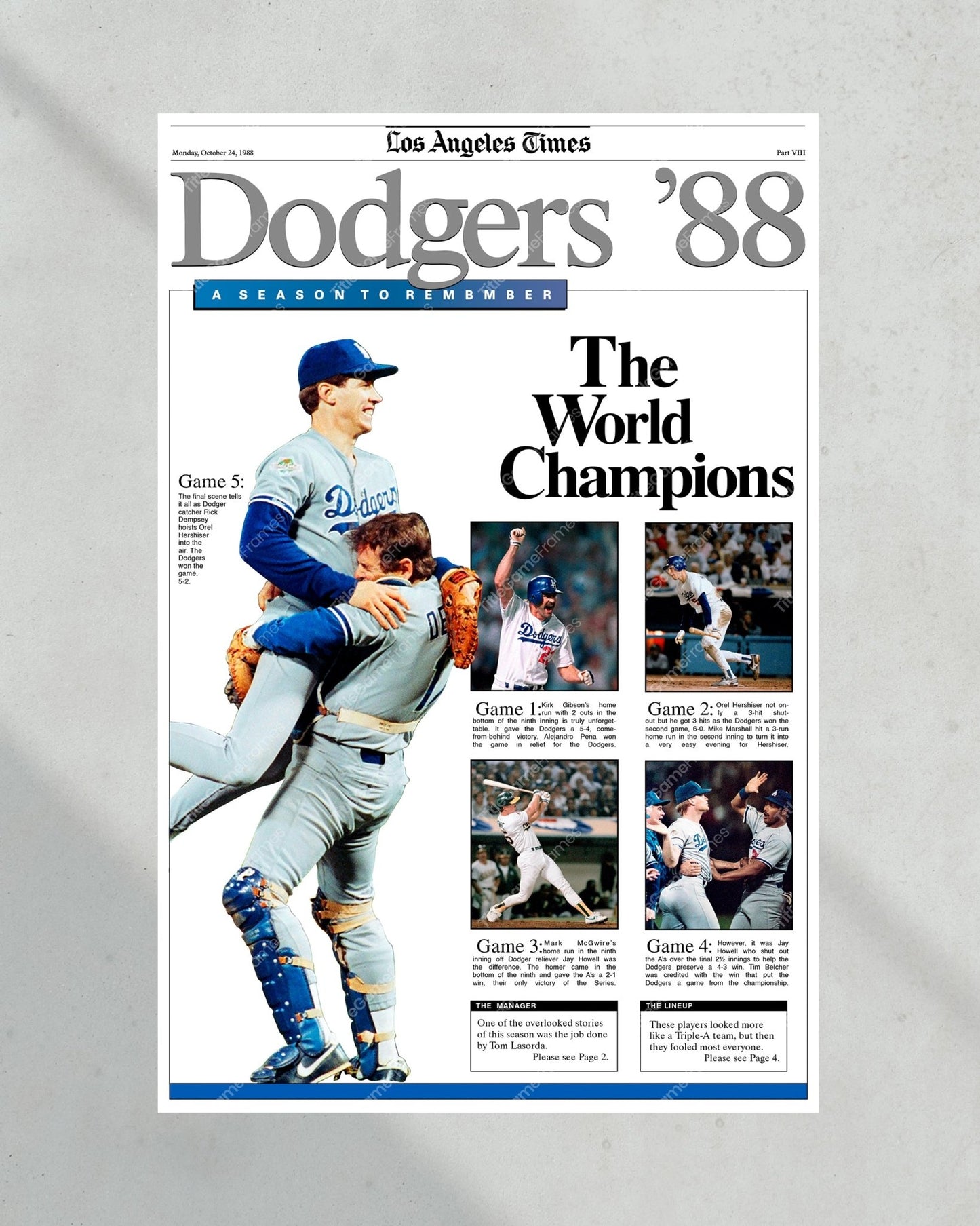 1988 Los Angeles Dodgers "The World Series Champions" Commemorative Framed Newspaper - Title Game Frames