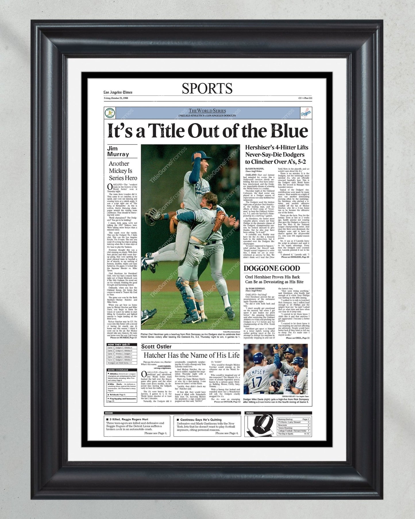 1988 Los Angeles Dodgers World Series Champions Framed Front Page Newspaper Print - Title Game Frames