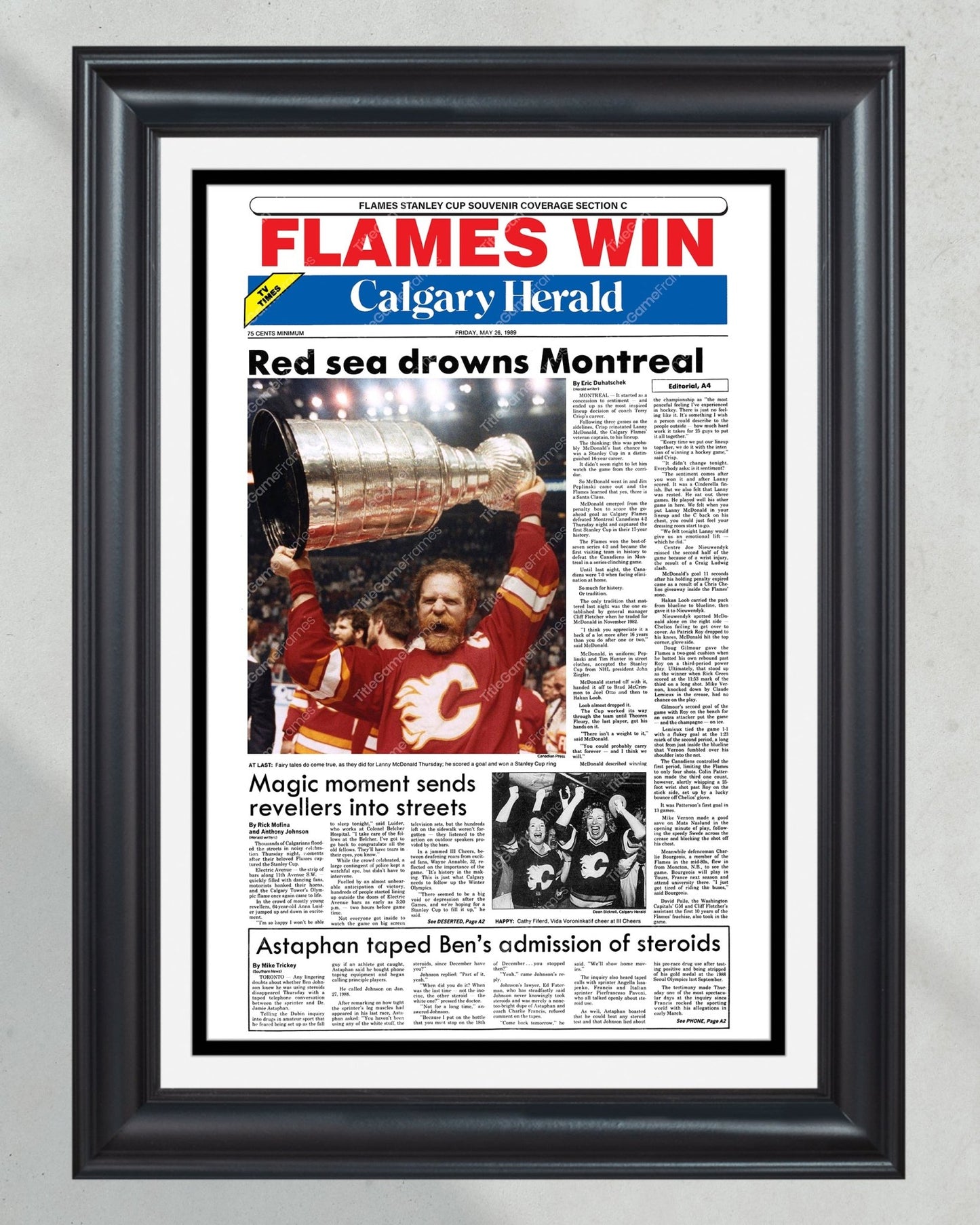 1989 Calgary Flames Stanley Cup Champion Framed Front Page Newspaper Print - Title Game Frames