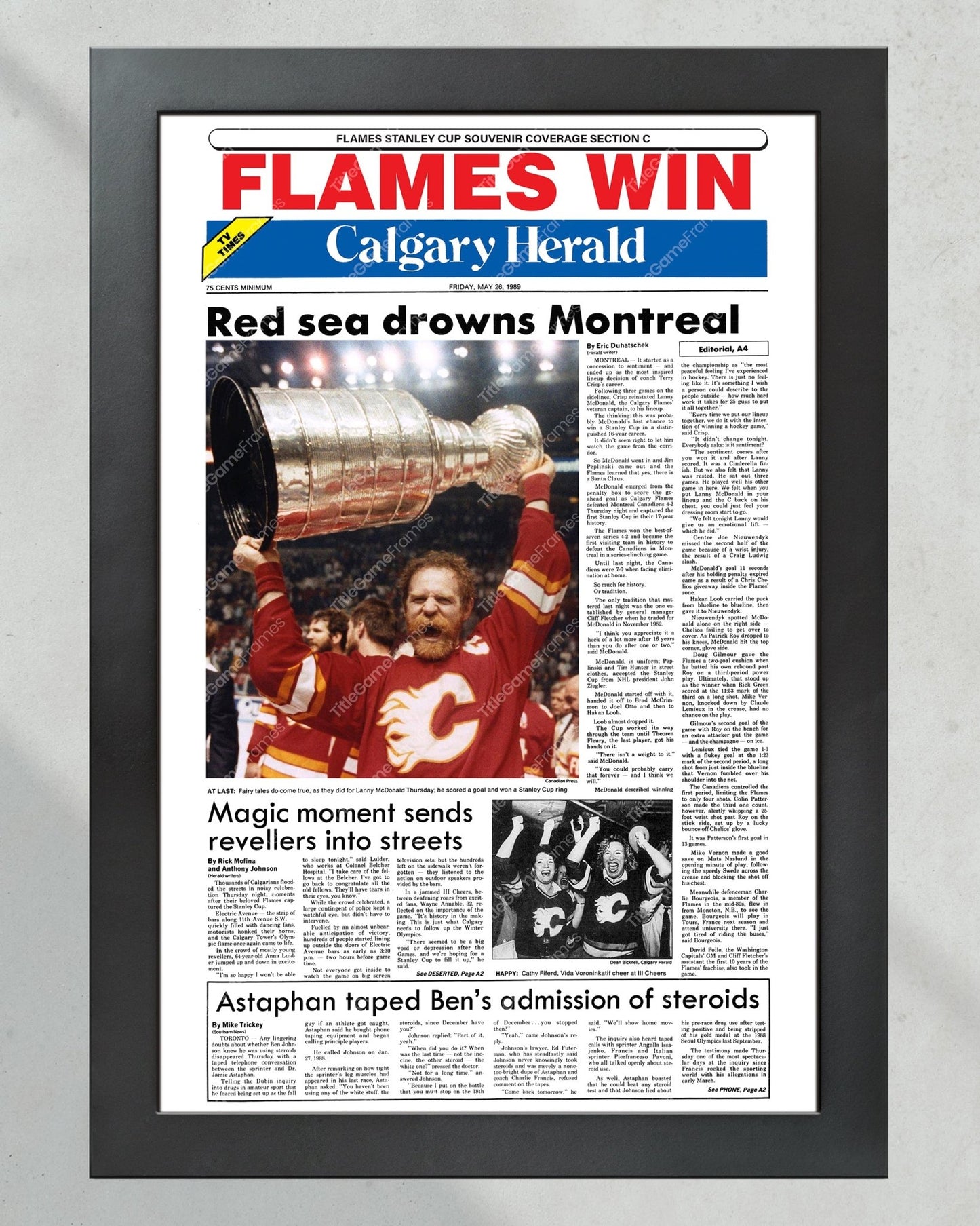 1989 Calgary Flames Stanley Cup Champion Framed Front Page Newspaper Print - Title Game Frames