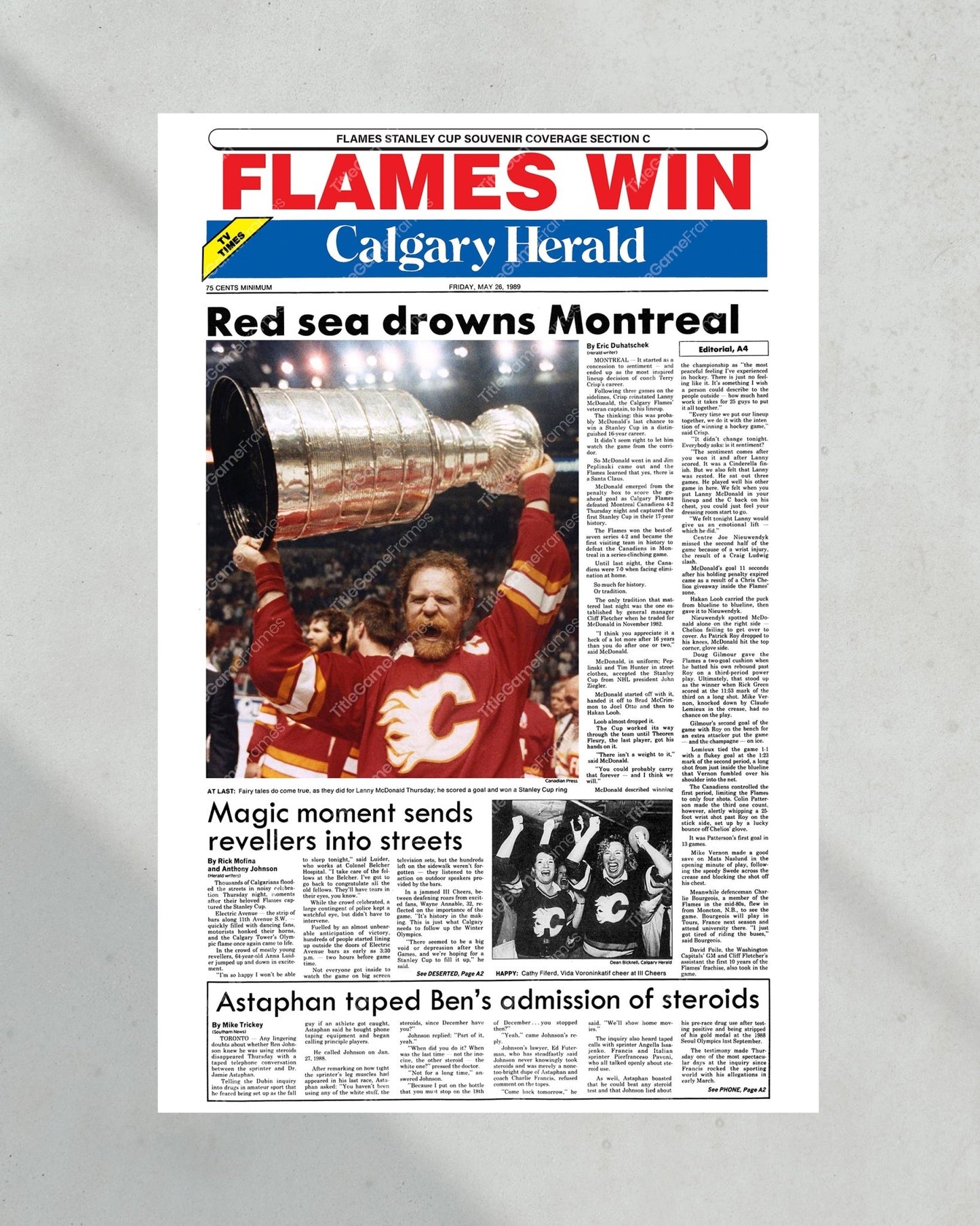 1989 Calgary Flames Stanley Cup Champion Framed Front Page Newspaper Print - Title Game Frames