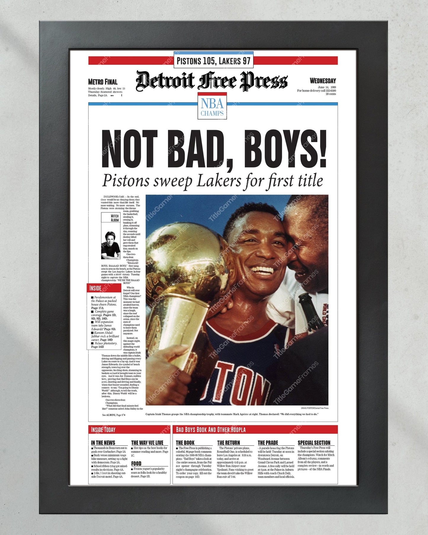 1989 Detroit Pistons NBA Champion Framed Newspaper Front Page Print Bad Boys The Palace - Title Game Frames