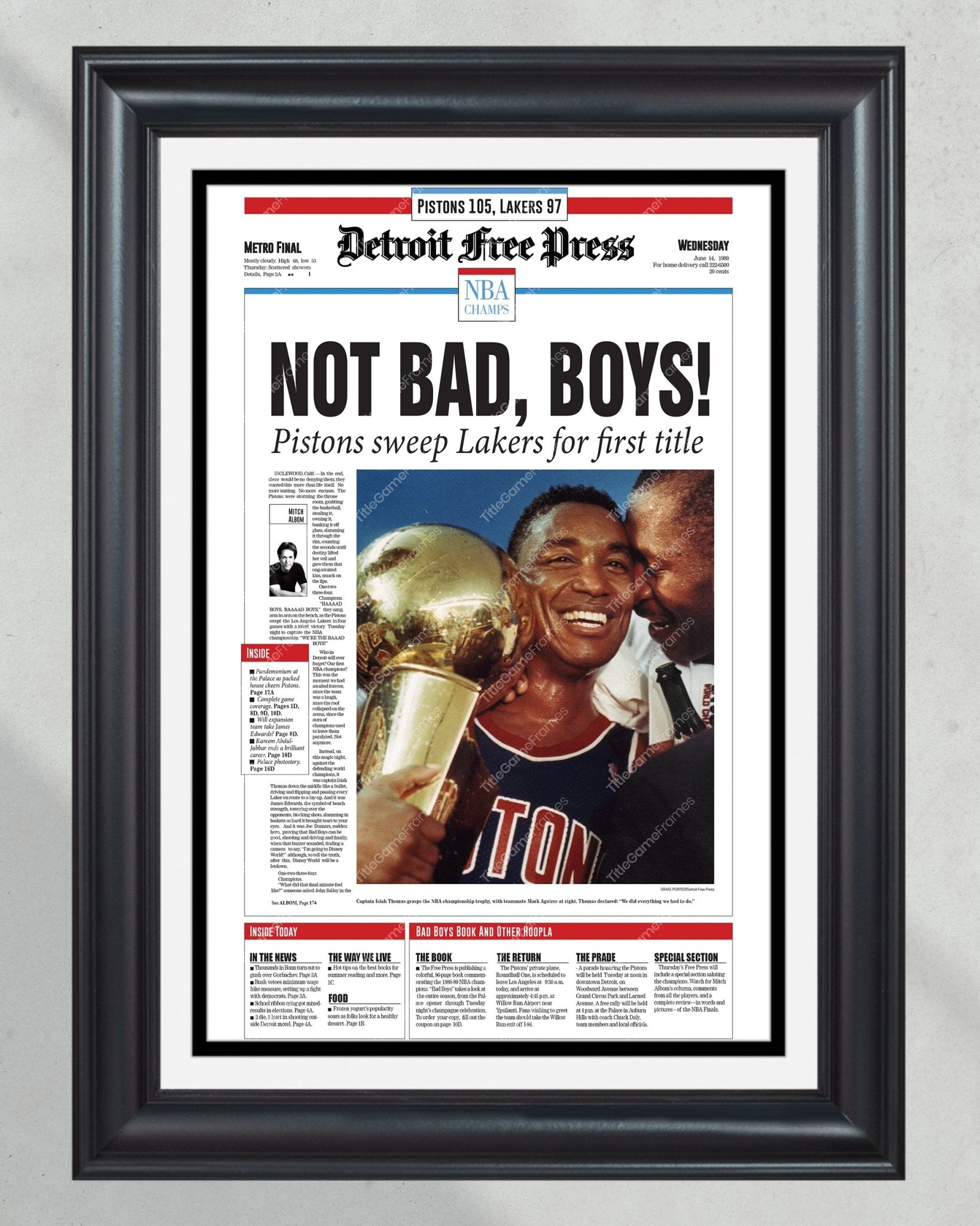 1989 Detroit Pistons NBA Champion Framed Newspaper Front Page Print Bad Boys The Palace - Title Game Frames