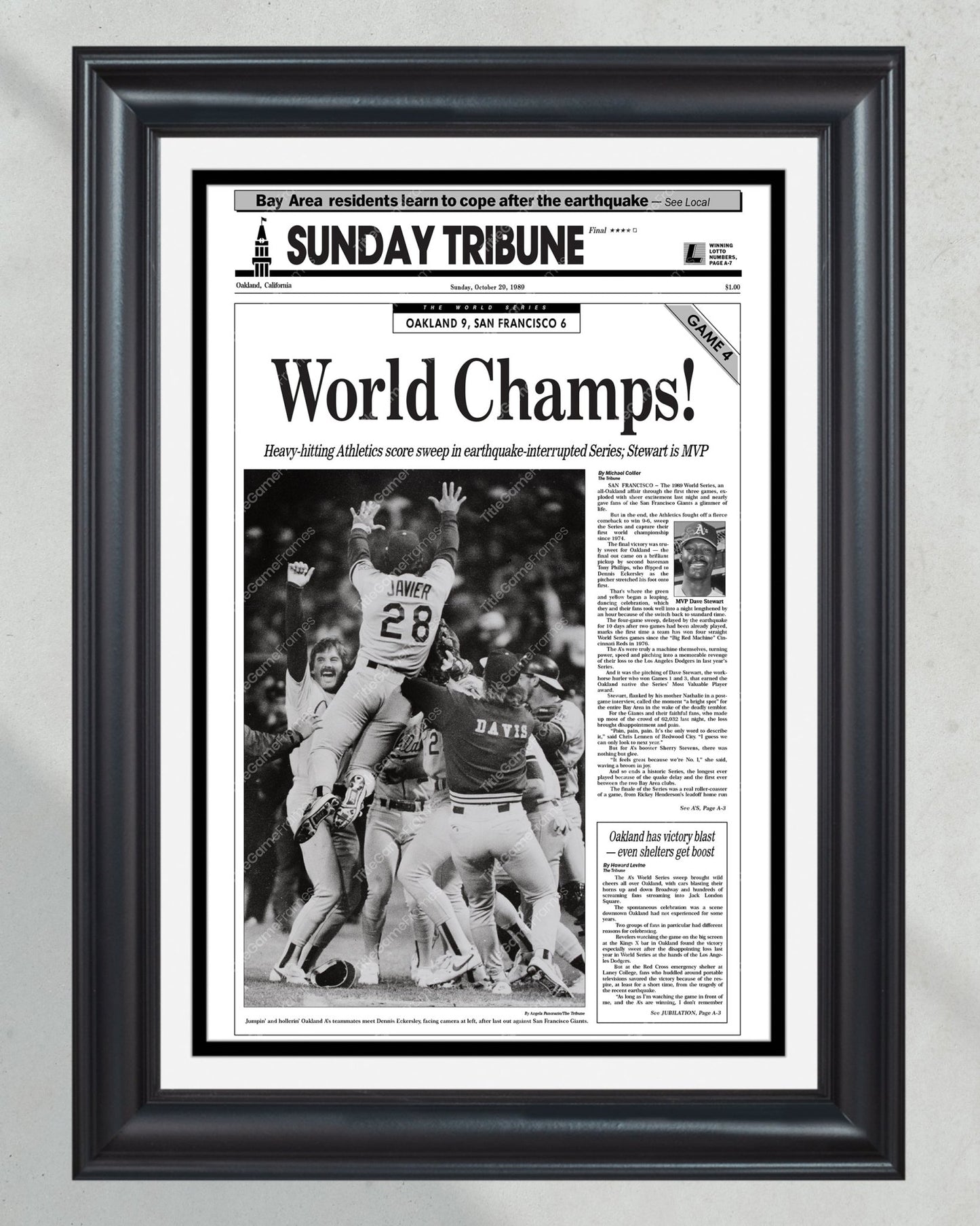 1989 Oakland Athletics World Series Champions Framed Front Page Newspaper Print - Title Game Frames