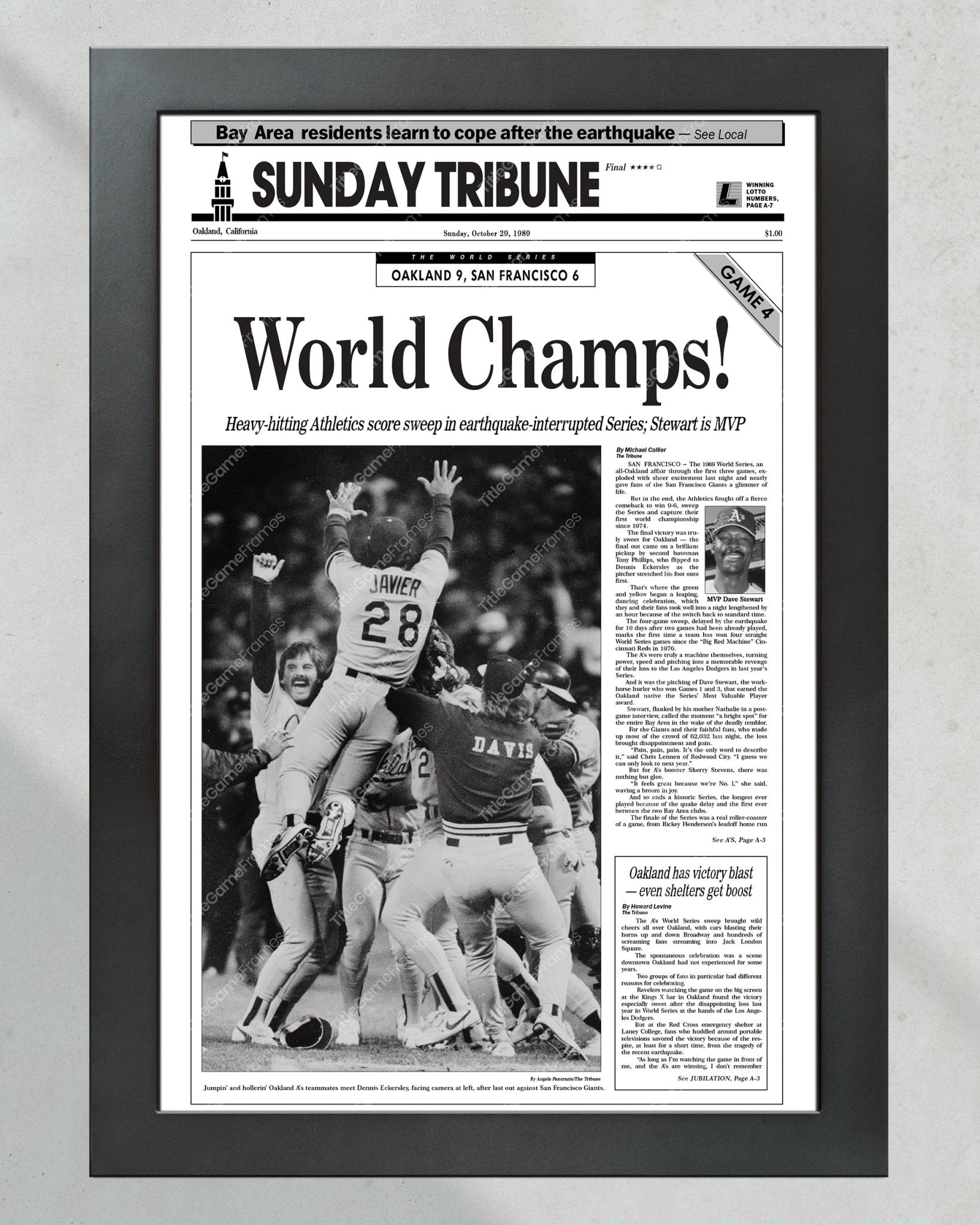 1989 Oakland Athletics World Series Champions Framed Front Page Newspaper Print - Title Game Frames