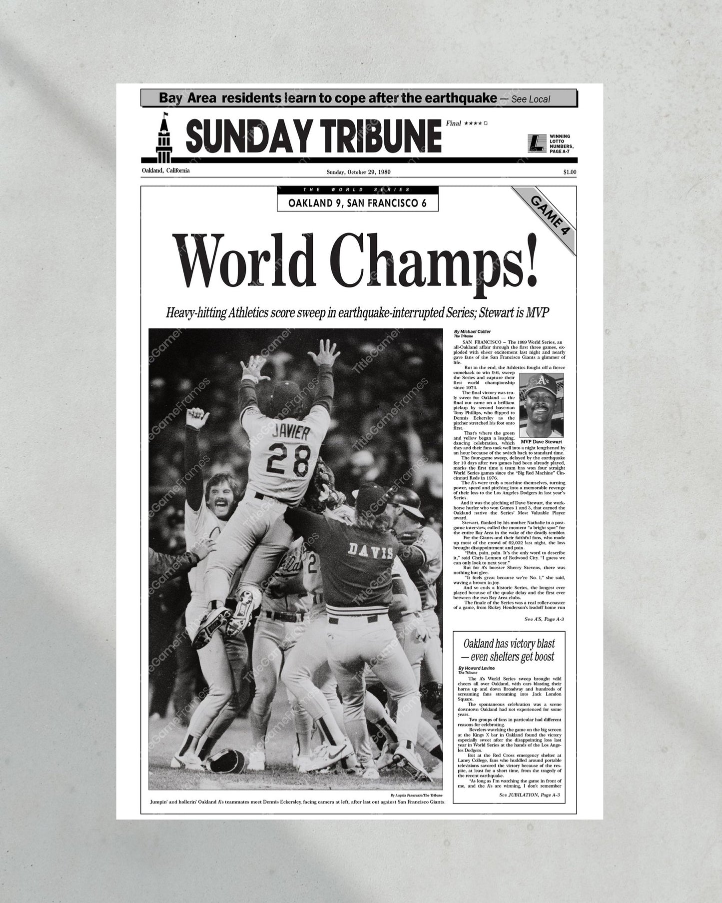 1989 Oakland Athletics World Series Champions Framed Front Page Newspaper Print - Title Game Frames