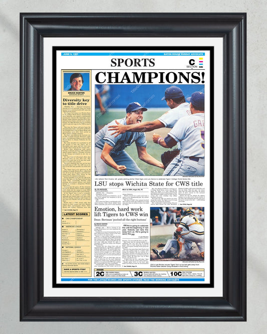 1991 LSU Tigers CWS Champions - 'CHAMPIONS!' - Framed Newspaper - Title Game Frames