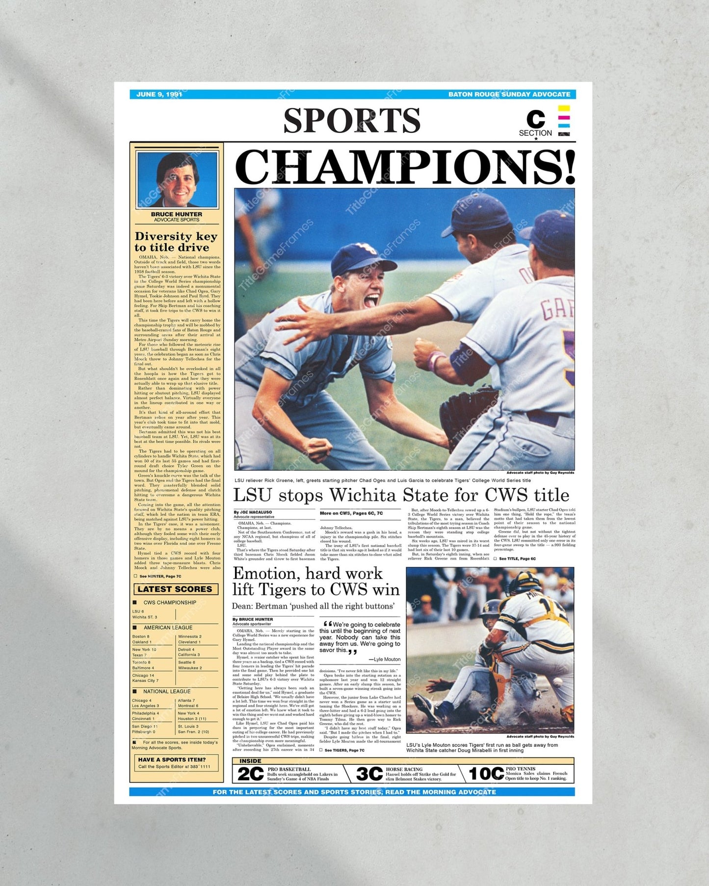 1991 LSU Tigers CWS Champions - 'CHAMPIONS!' - Framed Newspaper - Title Game Frames