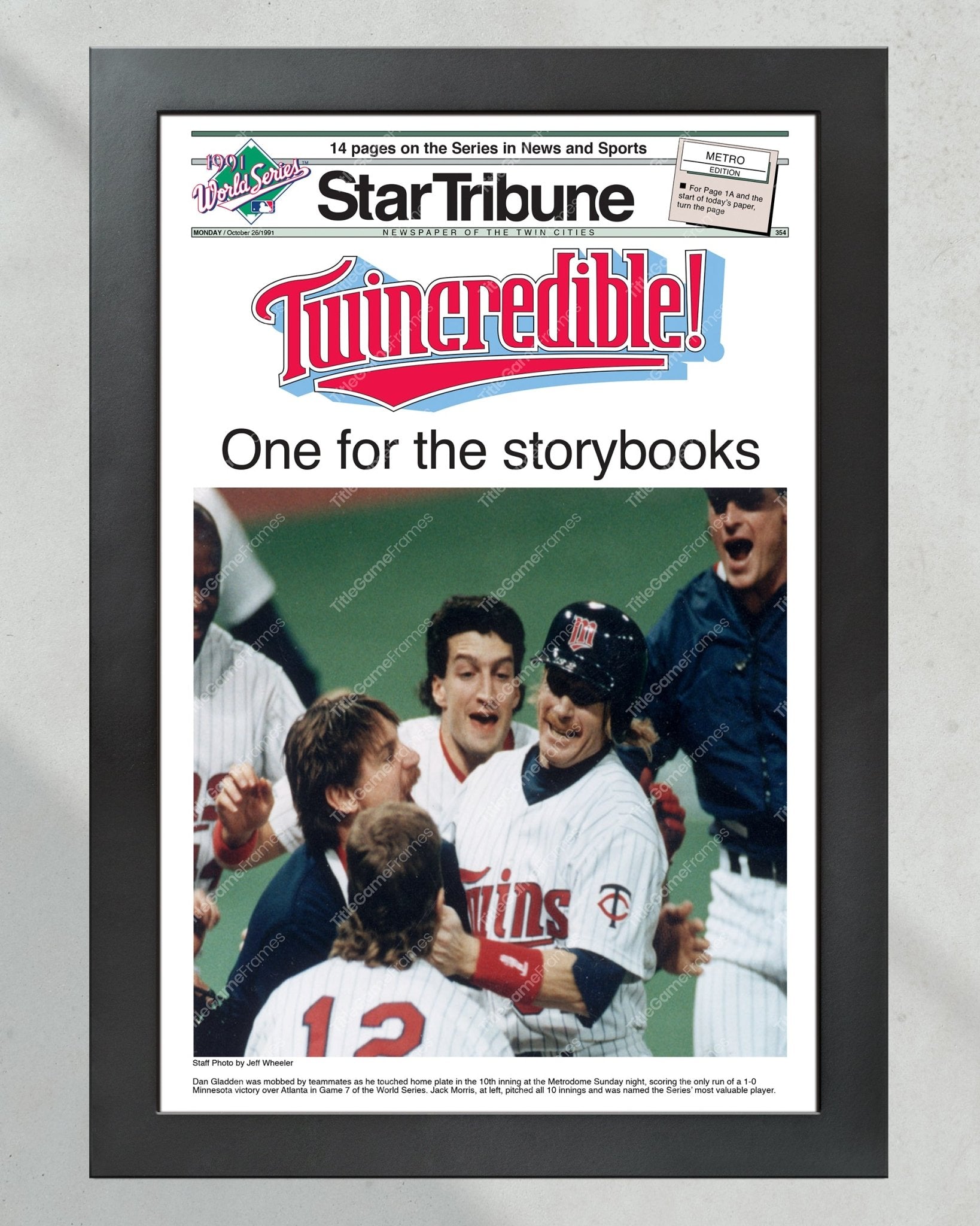 1991 Minnesota Twins World Series Champions Framed Front Page Newspaper Print - Title Game Frames