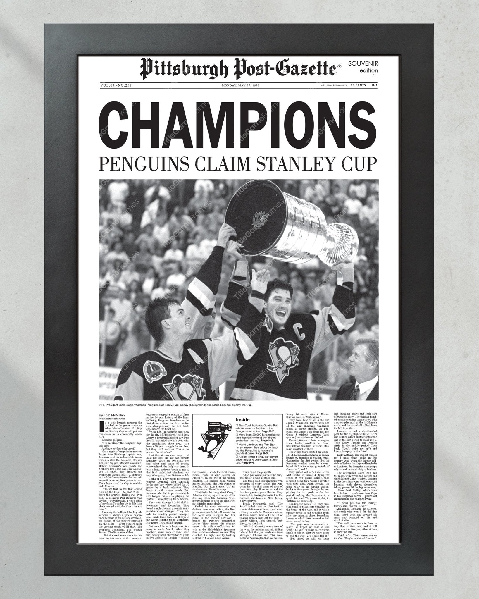 1991 Pittsburgh Penguins Framed Stanley Cup Champions Front Page Newspaper Print Mario Lemieux Civic Arena Igloo - Title Game Frames