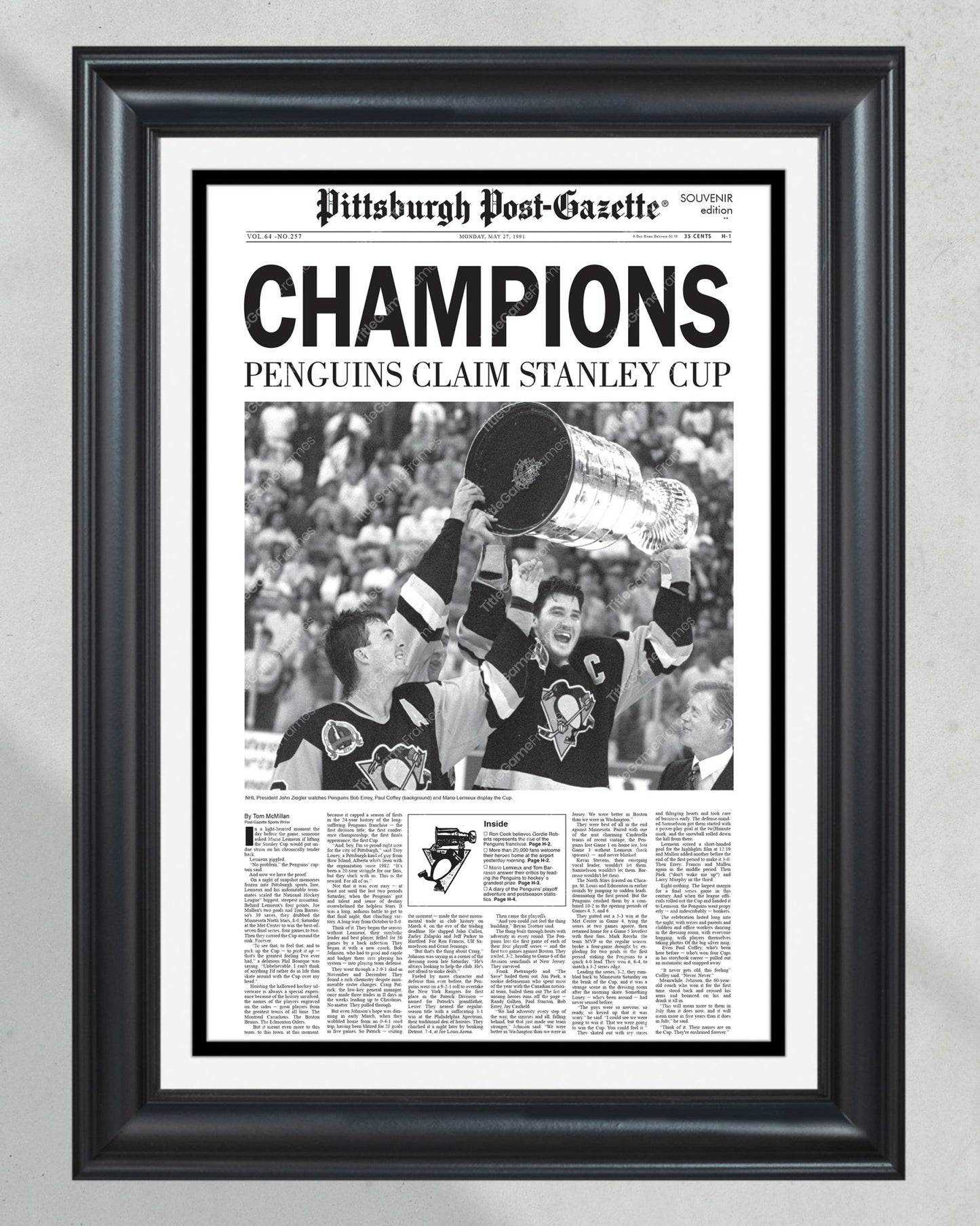 1991 Pittsburgh Penguins Framed Stanley Cup Champions Front Page Newspaper Print Mario Lemieux Civic Arena Igloo - Title Game Frames