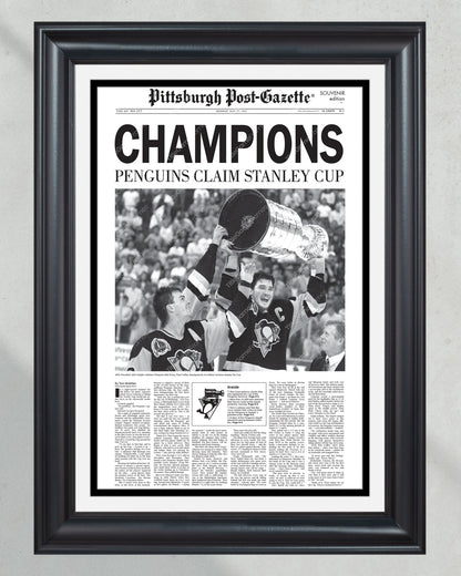 1991 Pittsburgh Penguins Framed Stanley Cup Champions Front Page Newspaper Print Mario Lemieux Civic Arena Igloo - Title Game Frames