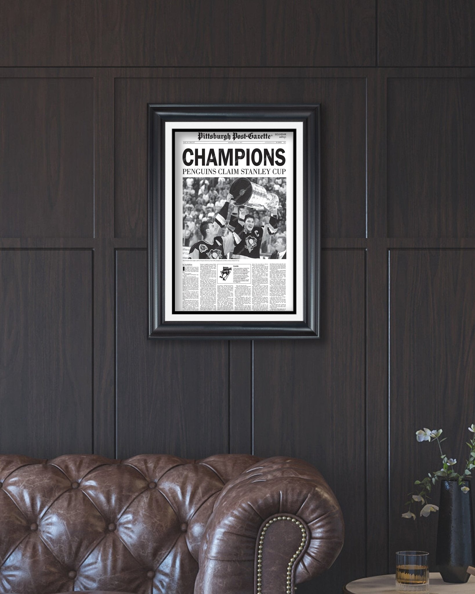 1991 Pittsburgh Penguins Framed Stanley Cup Champions Front Page Newspaper Print Mario Lemieux Civic Arena Igloo - Title Game Frames