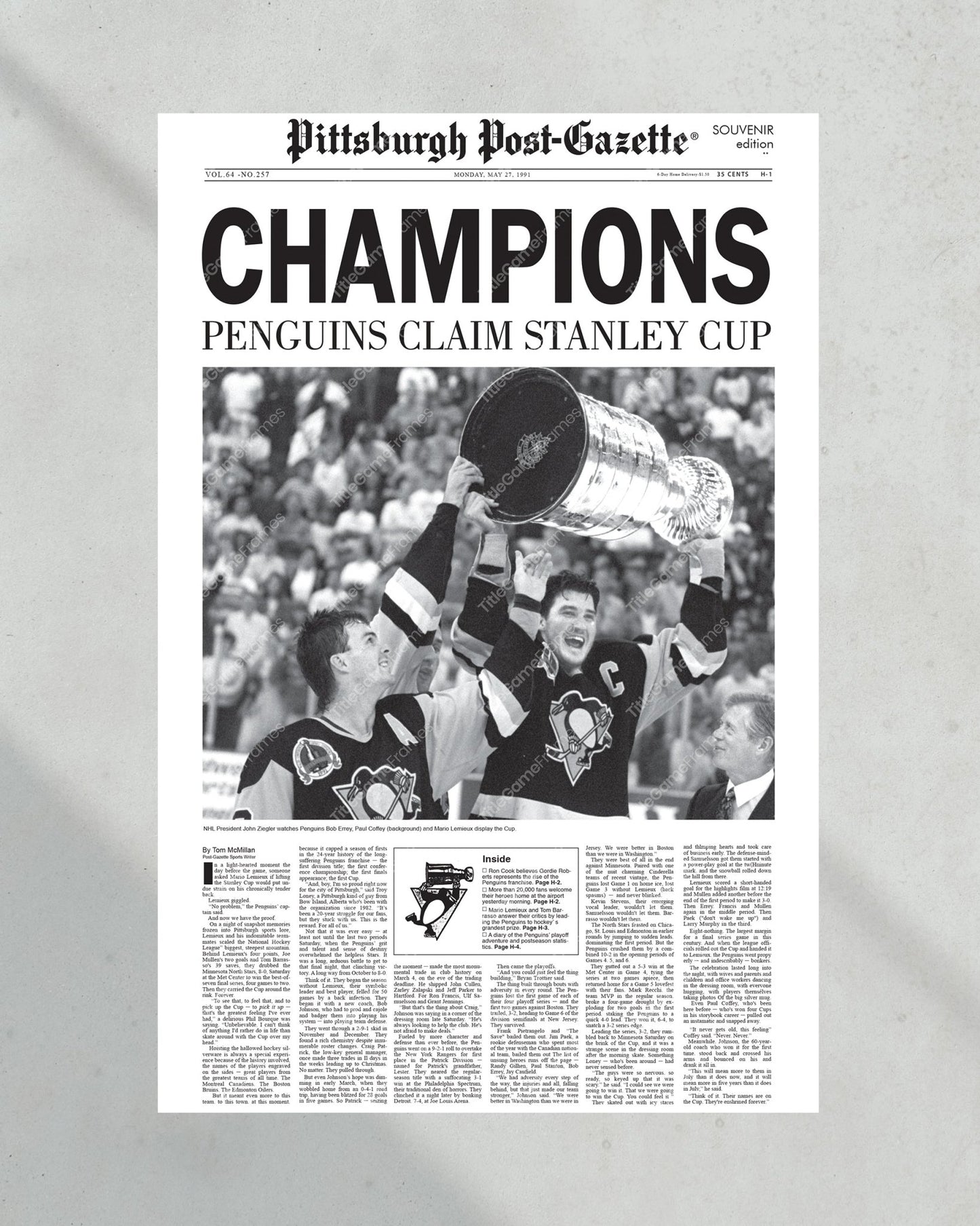 1991 Pittsburgh Penguins Framed Stanley Cup Champions Front Page Newspaper Print Mario Lemieux Civic Arena Igloo - Title Game Frames