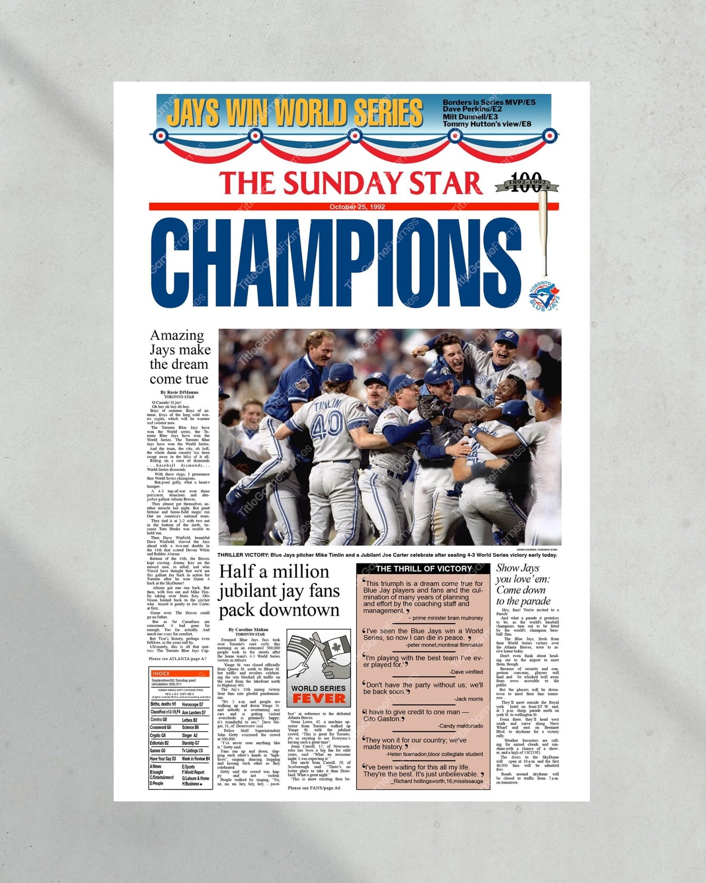 1992 Toronto Blue Jays World Series Champions Framed Front Page Newspaper Print - Title Game Frames