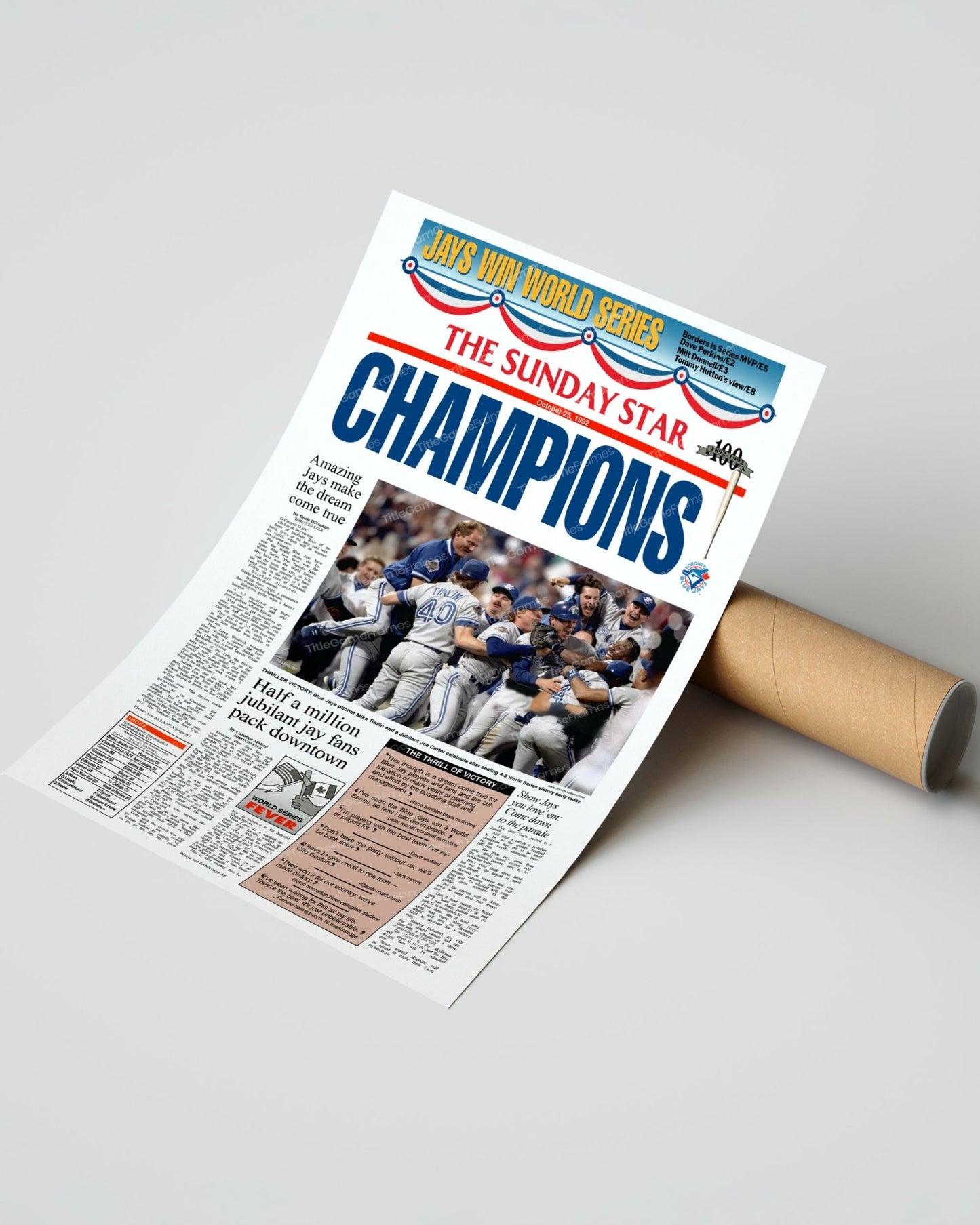 1992 Toronto Blue Jays World Series Champions Framed Front Page Newspaper Print - Title Game Frames