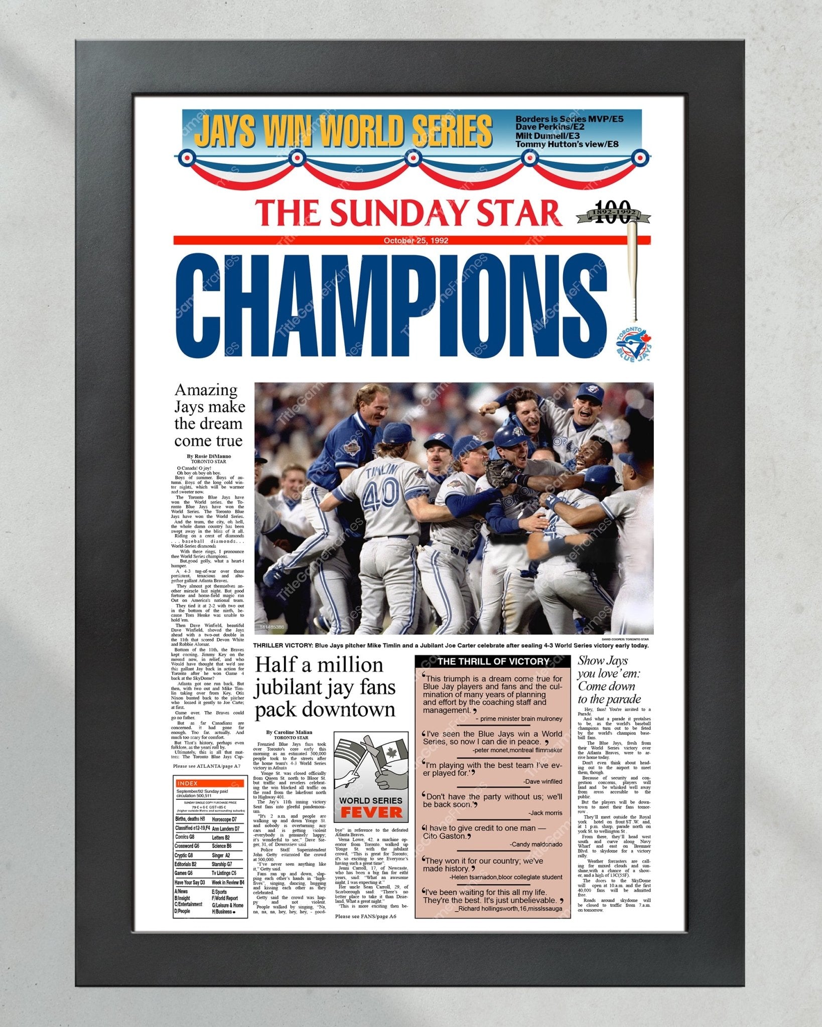 1992 Toronto Blue Jays World Series Champions Framed Front Page Newspaper Print - Title Game Frames