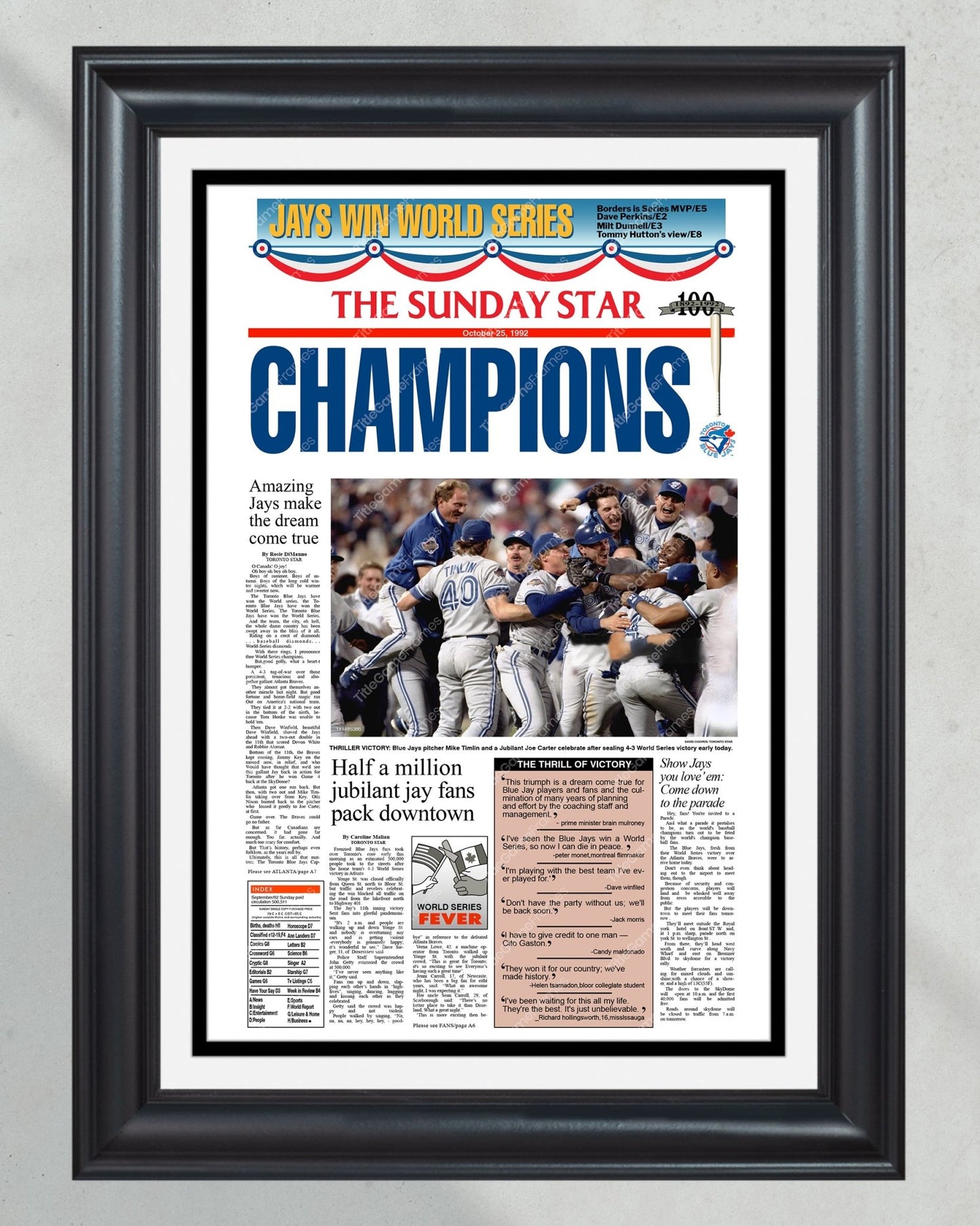 1992 Toronto Blue Jays World Series Champions Framed Front Page Newspaper Print - Title Game Frames