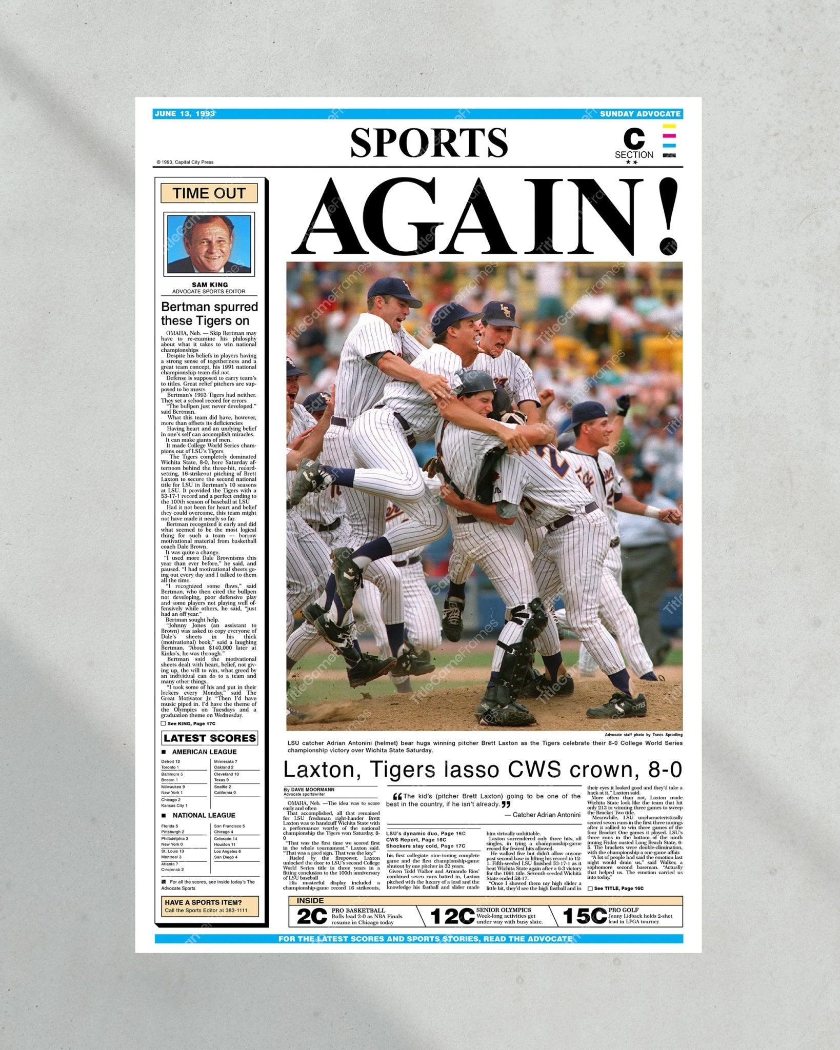 1993 LSU Tigers ‘AGAIN!’ - College World Series Champions Framed Newspaper Print - Title Game Frames