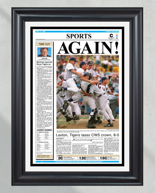 1993 LSU Tigers ‘AGAIN!’ - College World Series Champions Framed Newspaper Print - Title Game Frames