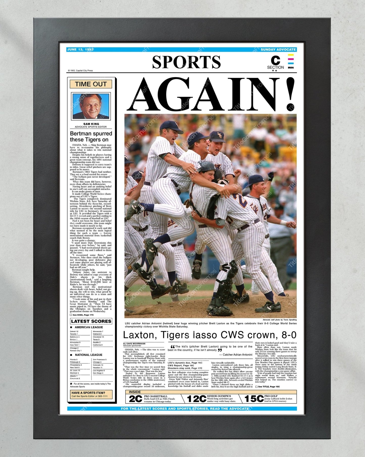 1993 LSU Tigers ‘AGAIN!’ - College World Series Champions Framed Newspaper Print - Title Game Frames