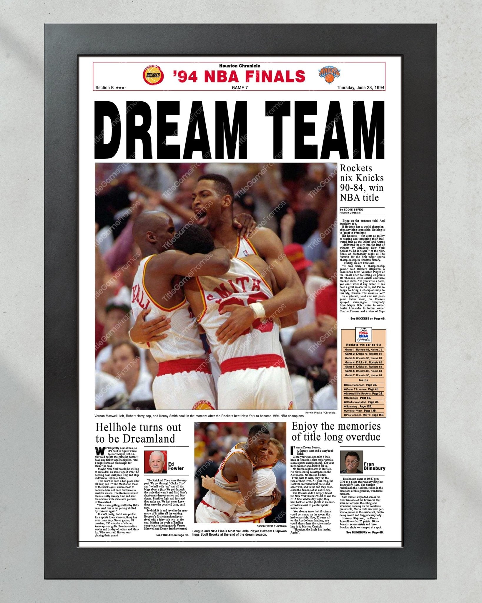 1994 Houston Rockets NBA Champion Framed Front Page Newspaper Print - Title Game Frames