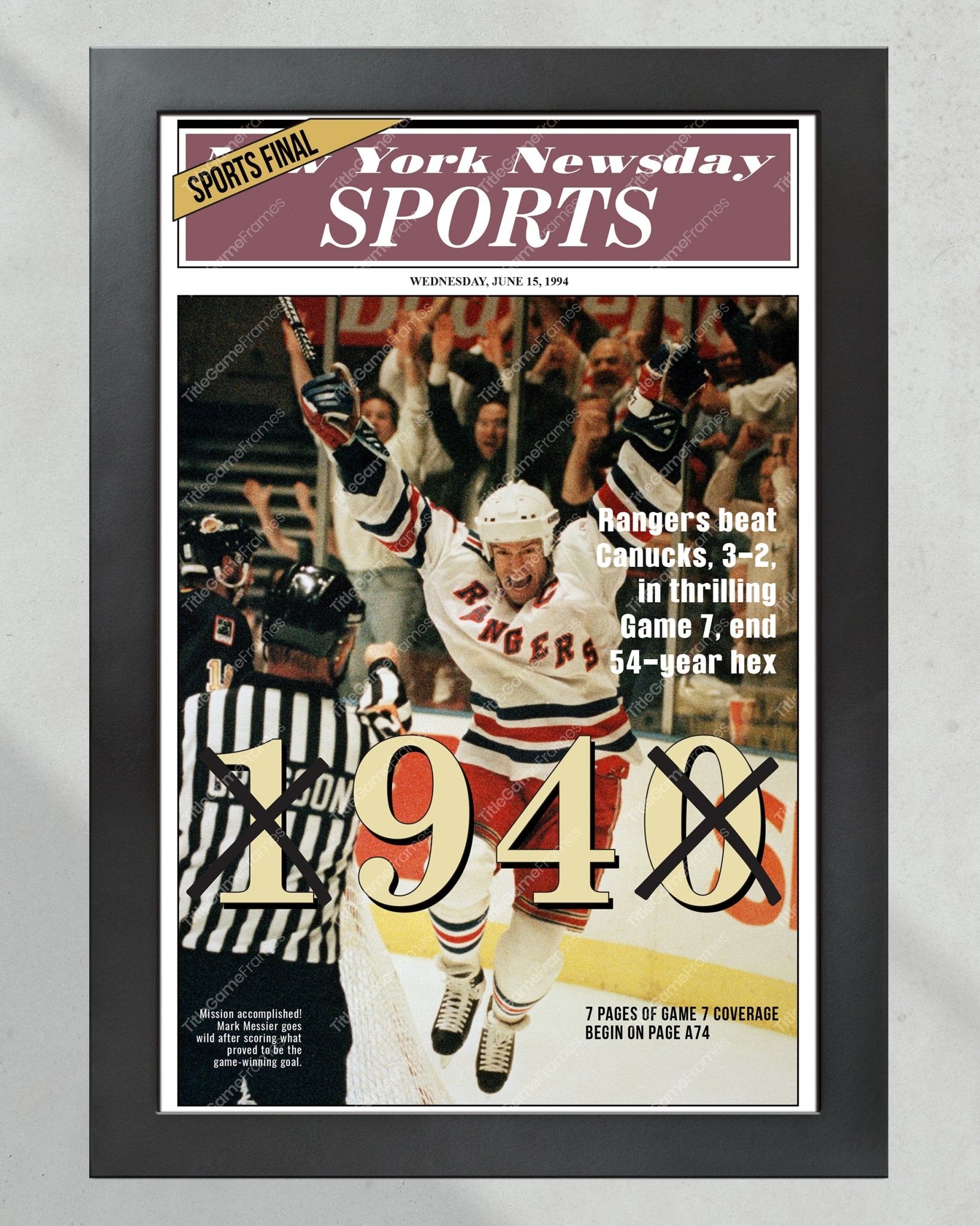 1994 New York Rangers NHL Stanley Cup Champions Framed Newspaper Cover Print Madison Square Garden - Title Game Frames