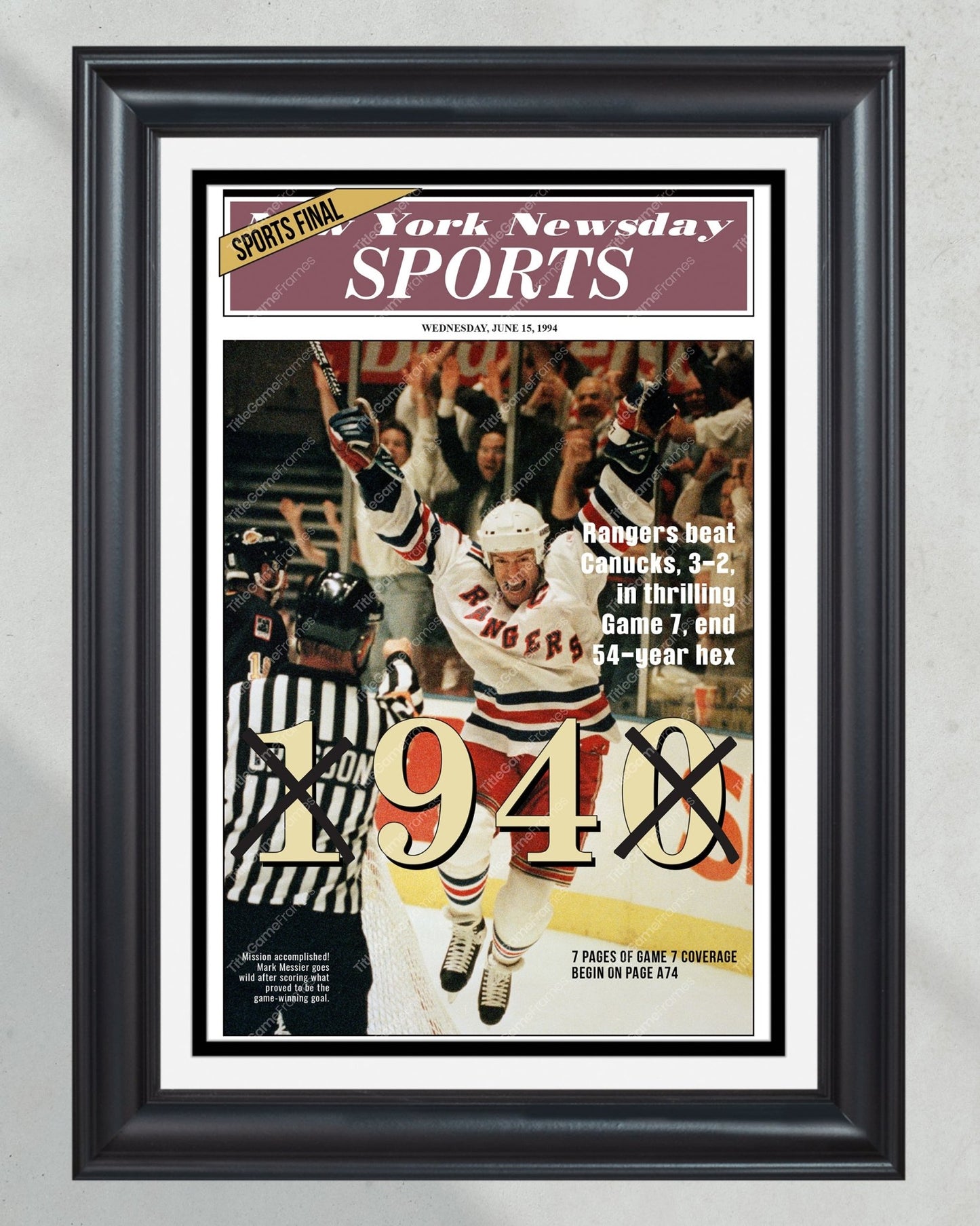 1994 New York Rangers NHL Stanley Cup Champions Framed Newspaper Cover Print Madison Square Garden - Title Game Frames