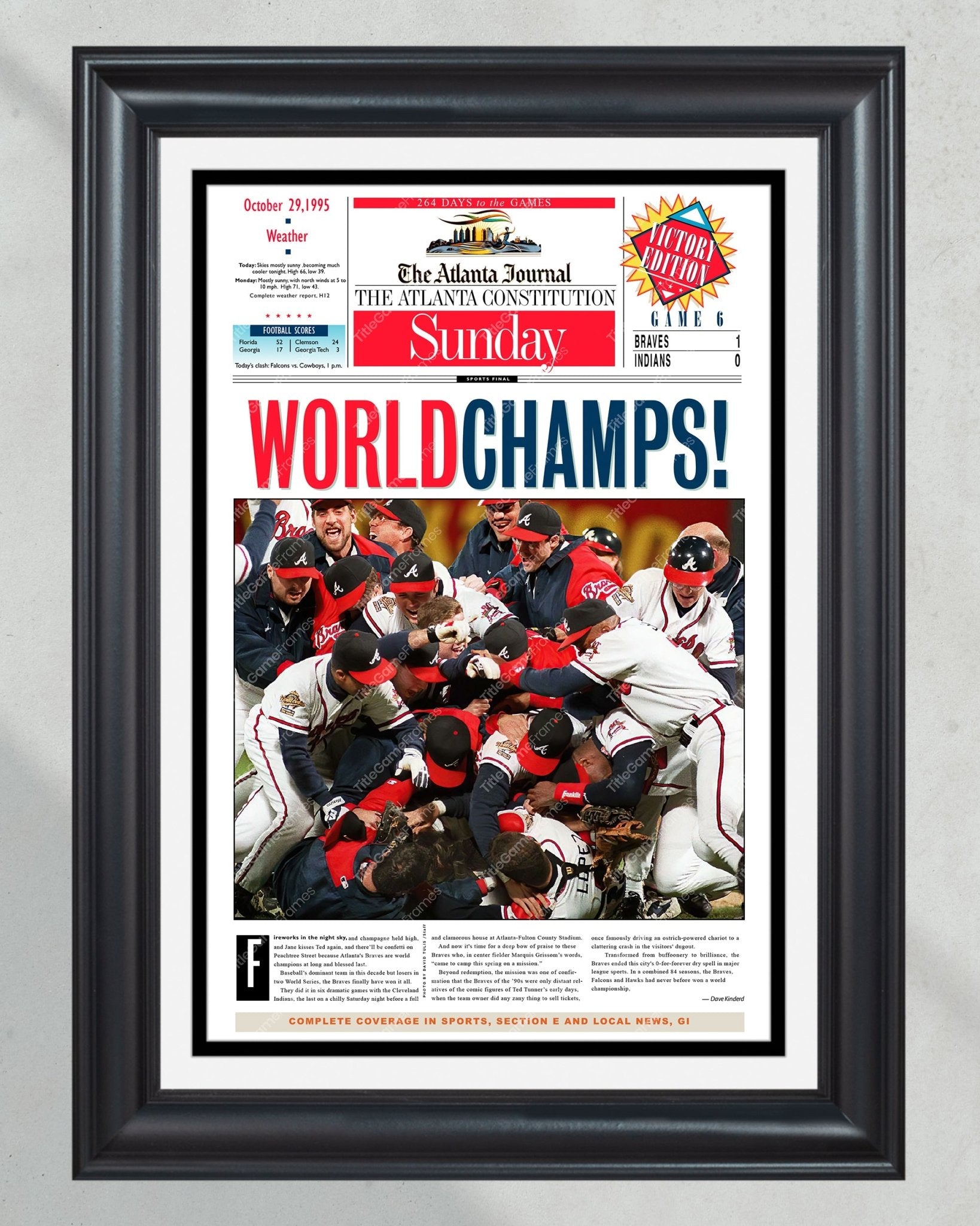 1995 Atlanta Braves World Series Champions Framed Front Page Newspaper Print - Title Game Frames