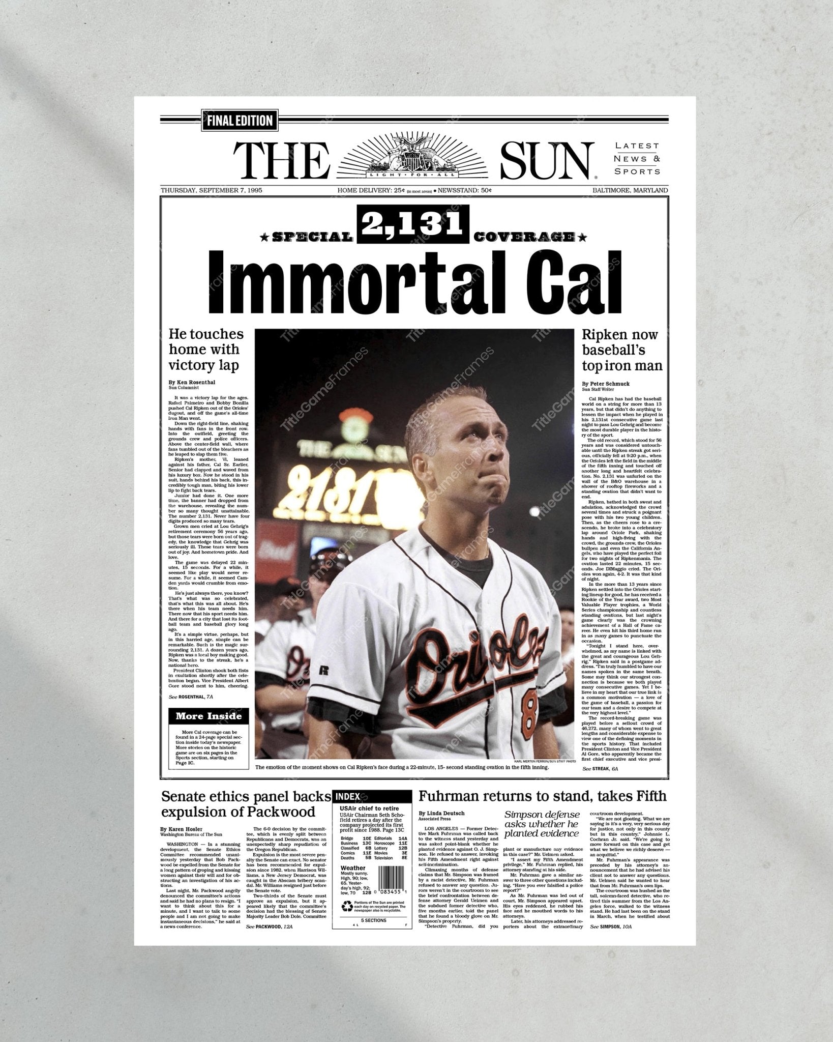 1995 Cal Ripken “Immortal Cal” Baltimore Orioles Iron Man Framed Front Page Newspaper Print - Title Game Frames