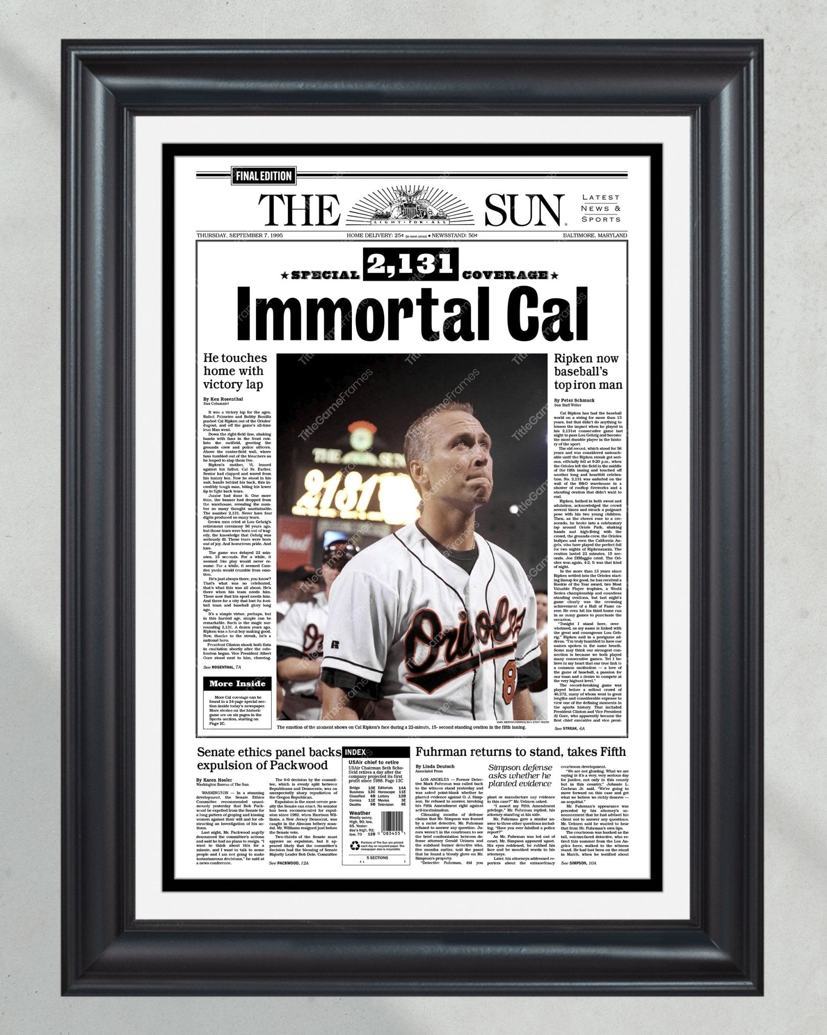 1995 Cal Ripken “Immortal Cal” Baltimore Orioles Iron Man Framed Front Page Newspaper Print - Title Game Frames