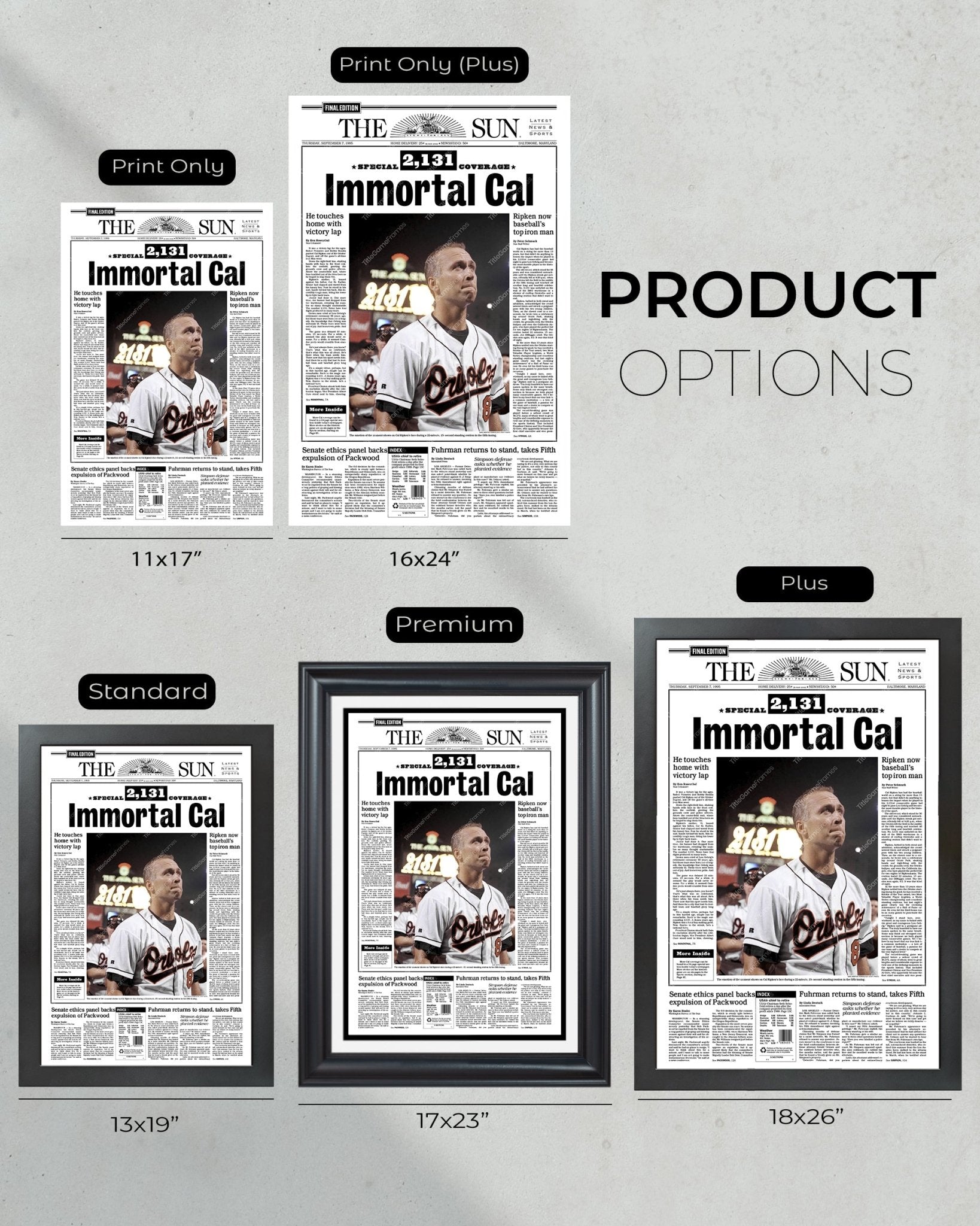 1995 Cal Ripken “Immortal Cal” Baltimore Orioles Iron Man Framed Front Page Newspaper Print - Title Game Frames