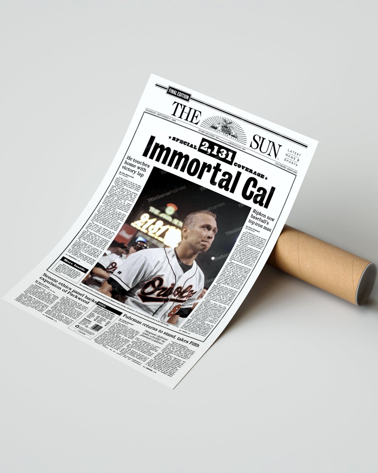 1995 Cal Ripken “Immortal Cal” Baltimore Orioles Iron Man Framed Front Page Newspaper Print - Title Game Frames