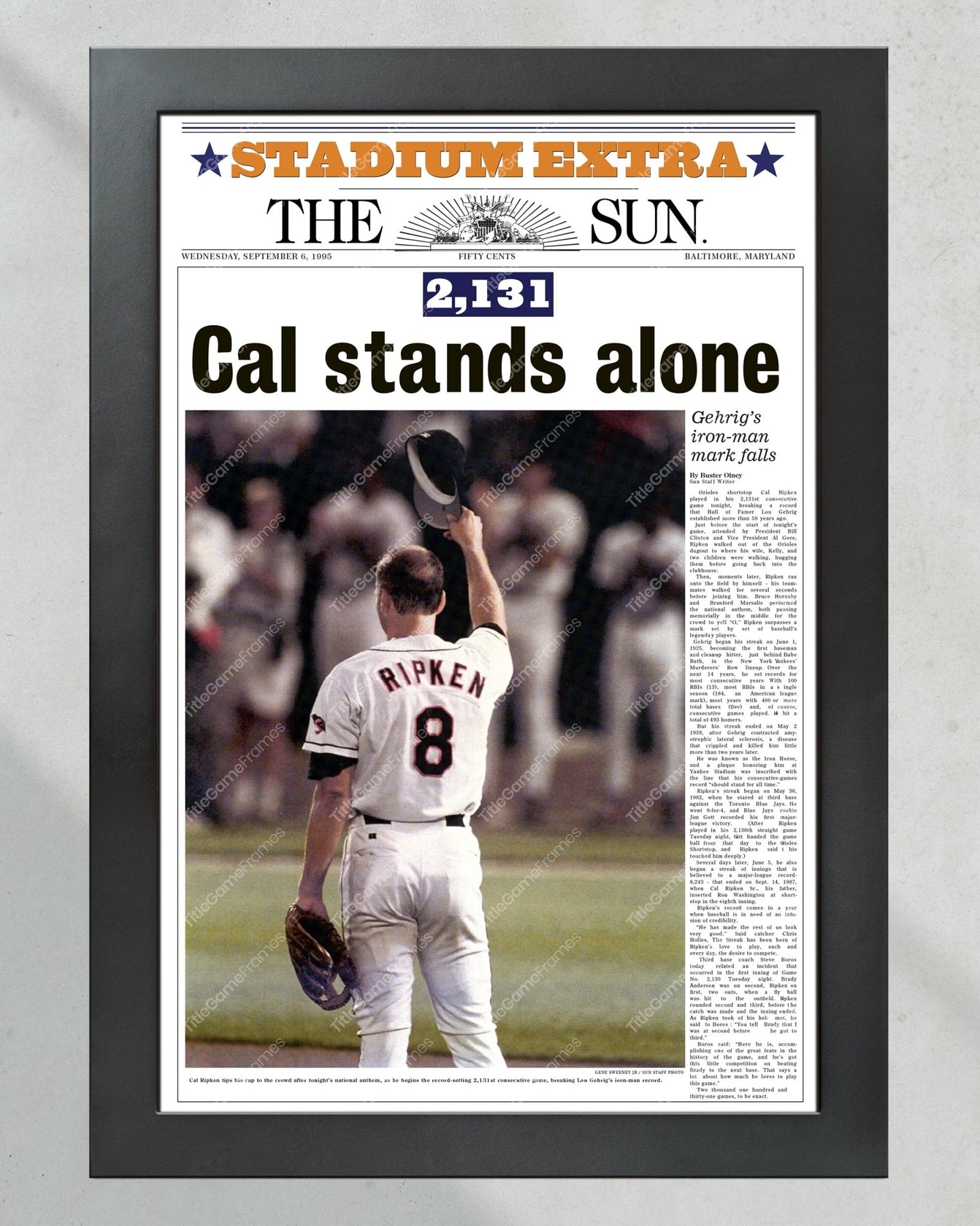 1995 Cal Ripken Iron Man Framed Front Page Newspaper Print Baltimore Orioles - Title Game Frames