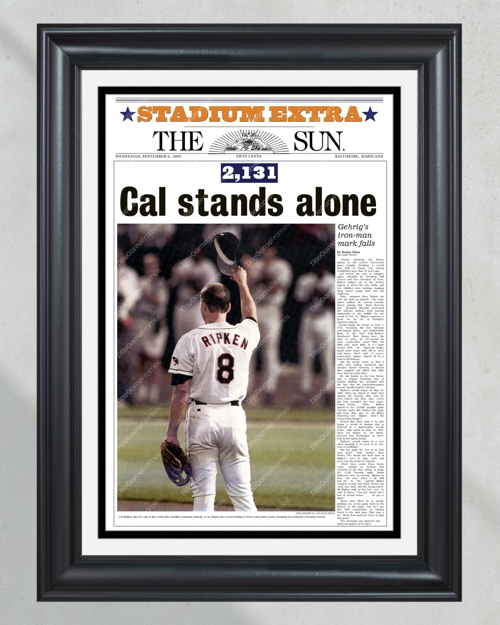 1995 Cal Ripken Iron Man Framed Front Page Newspaper Print Baltimore Orioles - Title Game Frames