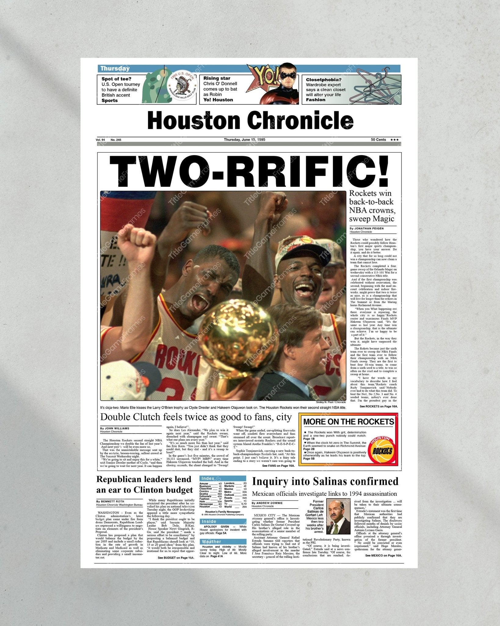 1995 Houston Rockets NBA Champion Framed Front Page Newspaper Print - Title Game Frames