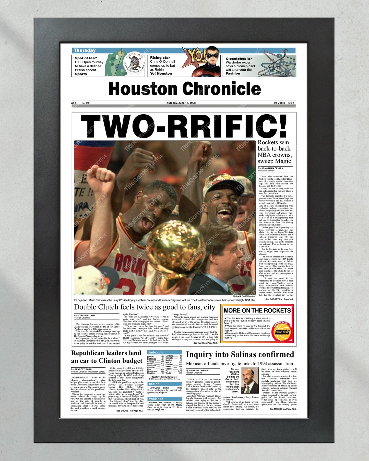 1995 Houston Rockets NBA Champion Framed Front Page Newspaper Print - Title Game Frames