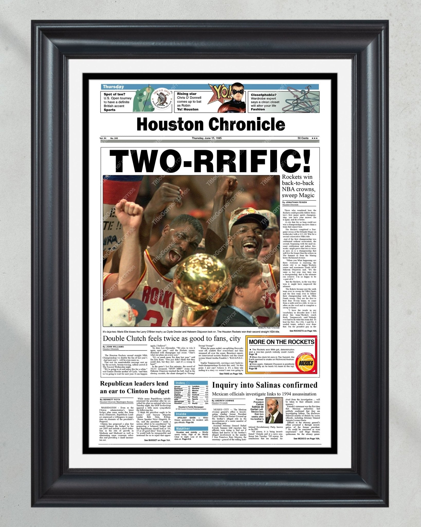 1995 Houston Rockets NBA Champion Framed Front Page Newspaper Print - Title Game Frames