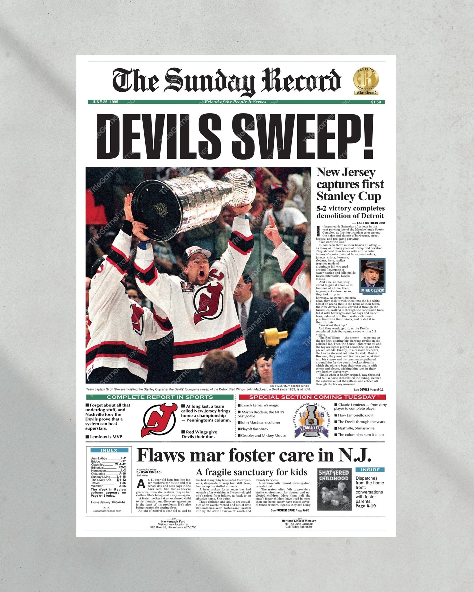 1995 NJ Devils Stanley Cup Champions Framed Newspaper Front Page Print - Title Game Frames